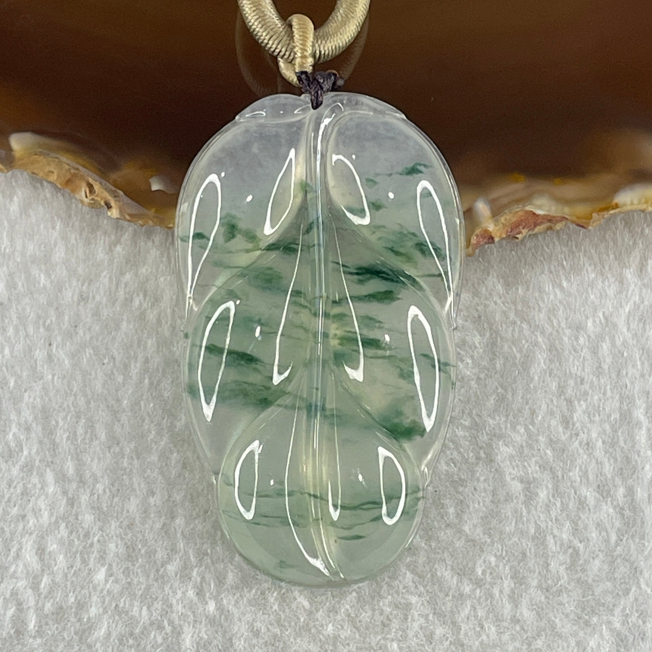 High Quality Type A Natural Icy Green with Blueish Green Flora Piao Hua Jadeite Leaf Pendant 15.63g 52.9 by 31.1 by 5.6mm - Huangs Jadeite and Jewelry Pte Ltd