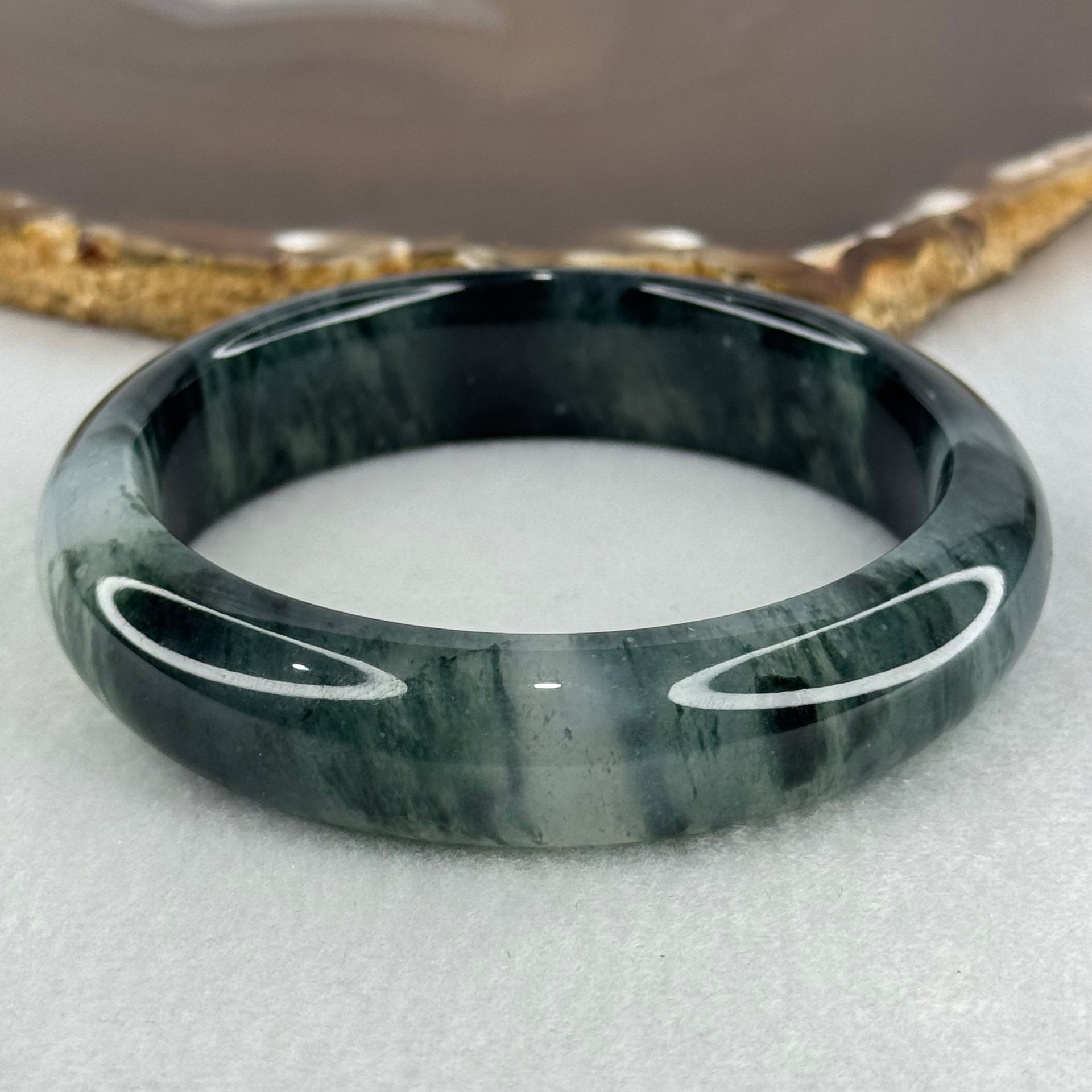 Transparent Colourless with Dark Greenish Black Piao Hua Sodium Feldspar Jade Bangle 水沫玉手镯 Internal Diameter 58.1mm 59.21g 15.6 by 9.0mm - Huangs Jadeite and Jewelry Pte Ltd
