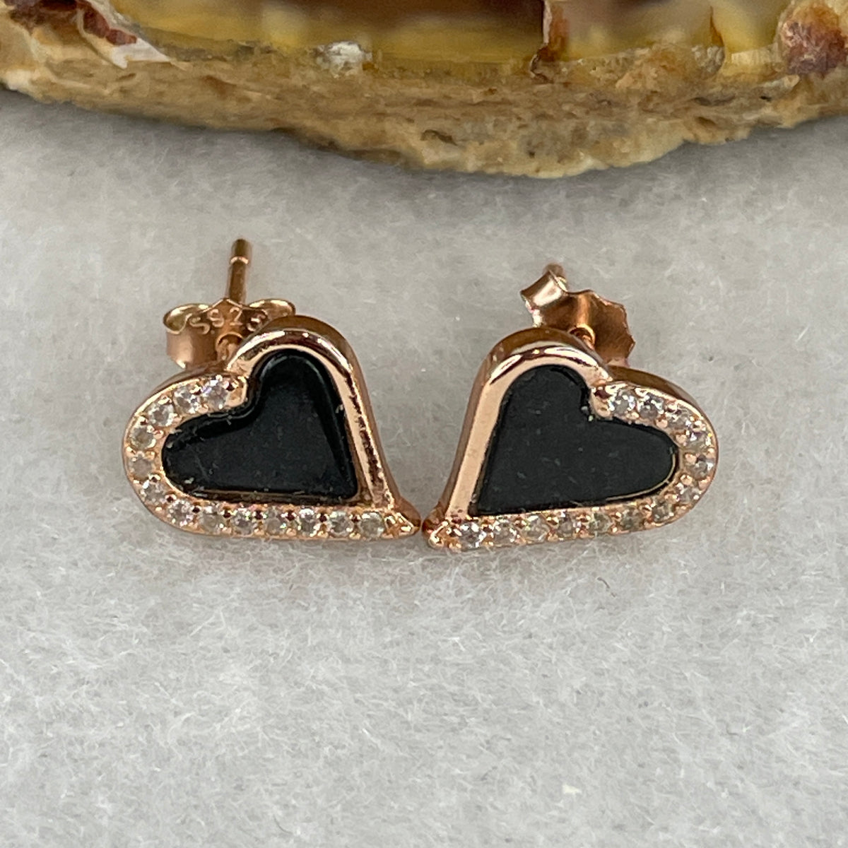 Certified Type A Black Omphacite Jadeite Heart Earrings in S925 Gold-Plated Silver | Elegant Romantic Protection Studs (2.22g | 6.2 x 7.0 x 1.5mm)