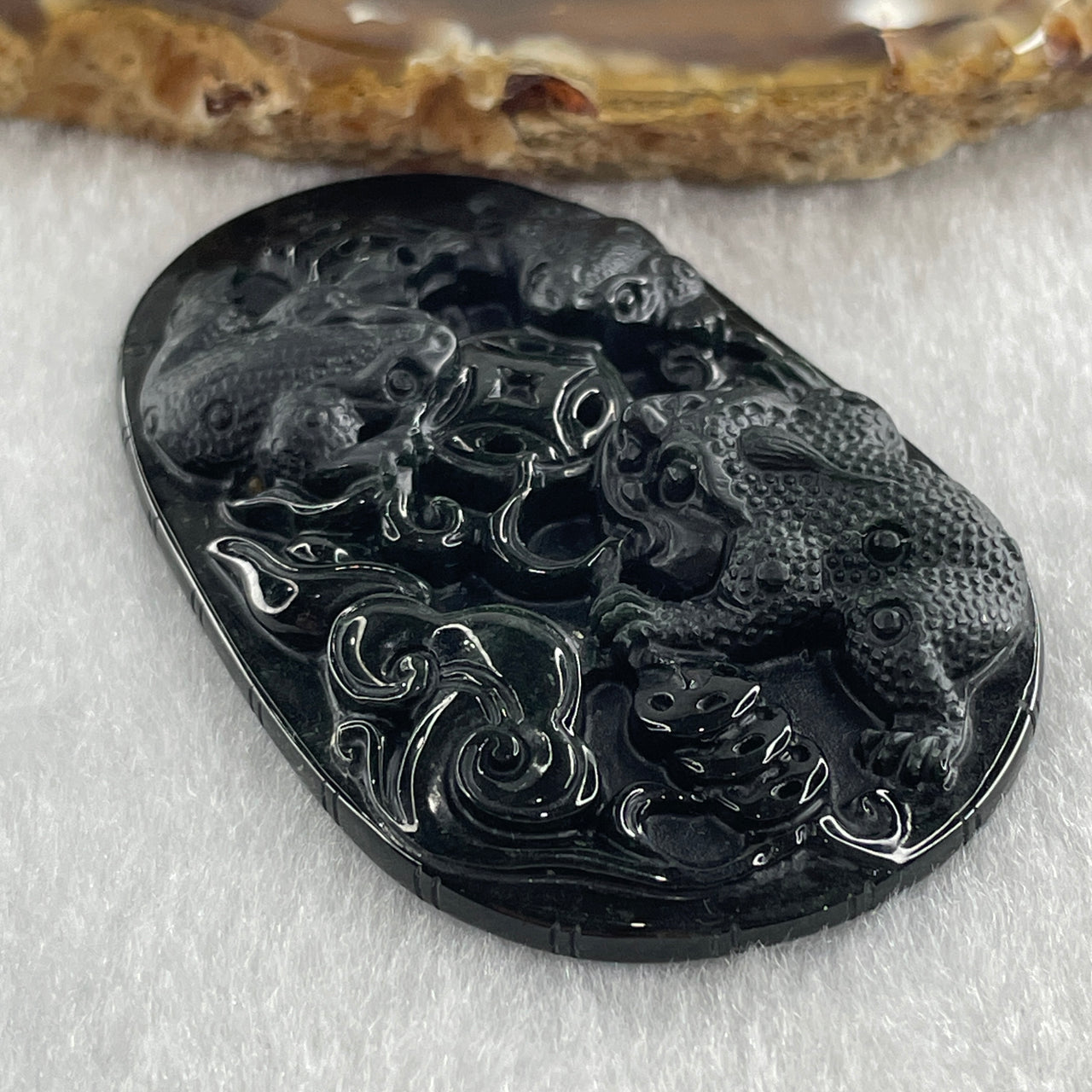 Type A Opaque to Partial Translucent Black Omphacite Jadeite Triple 3 Legged Toad Chan Chu with Coins and Ruyi Pendant 19.22g 53.0 by 34.7 by 7.6mm - Huangs Jadeite and Jewelry Pte Ltd