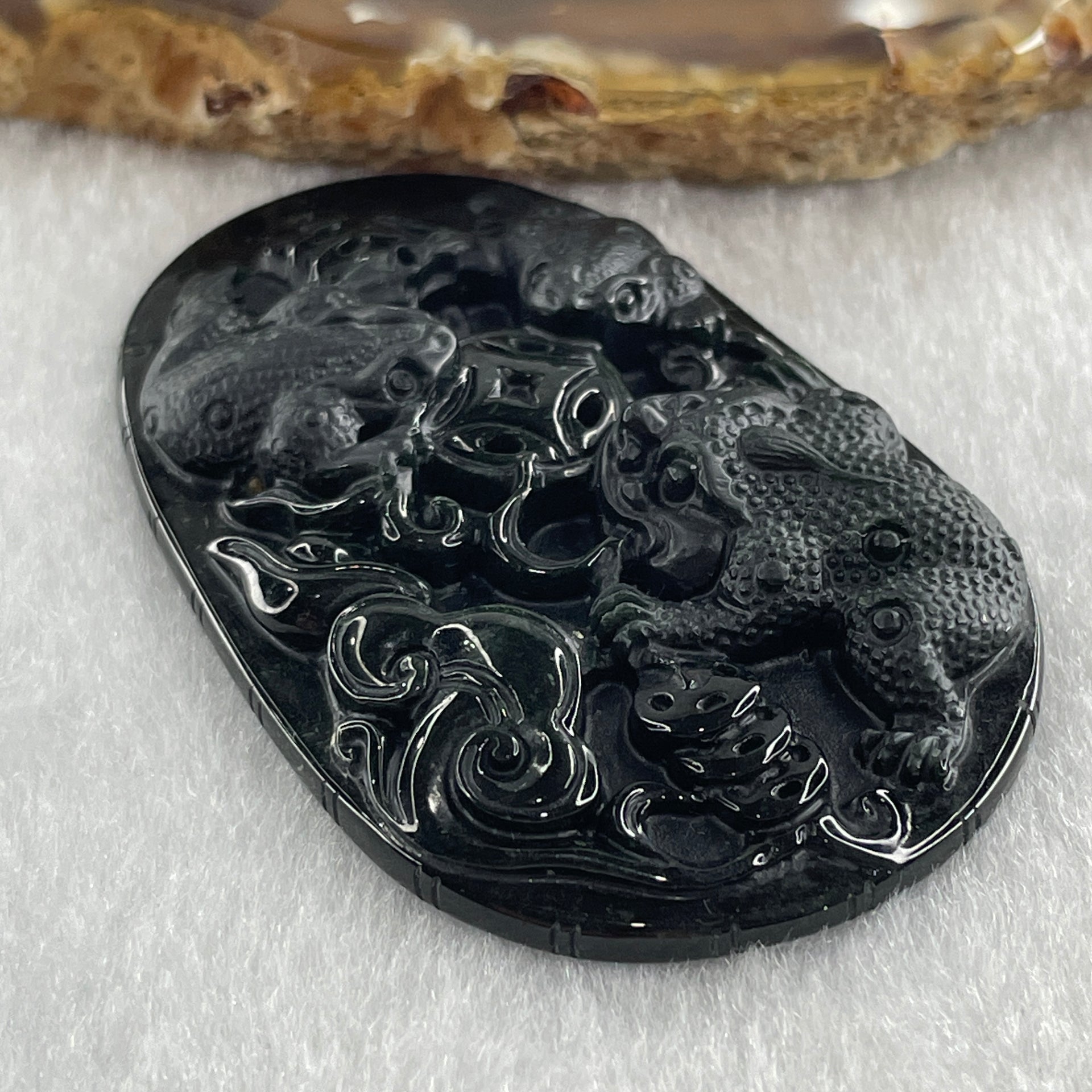 Type A Opaque to Partial Translucent Black Omphacite Jadeite Triple 3 Legged Toad Chan Chu with Coins and Ruyi Pendant 19.22g 53.0 by 34.7 by 7.6mm - Huangs Jadeite and Jewelry Pte Ltd