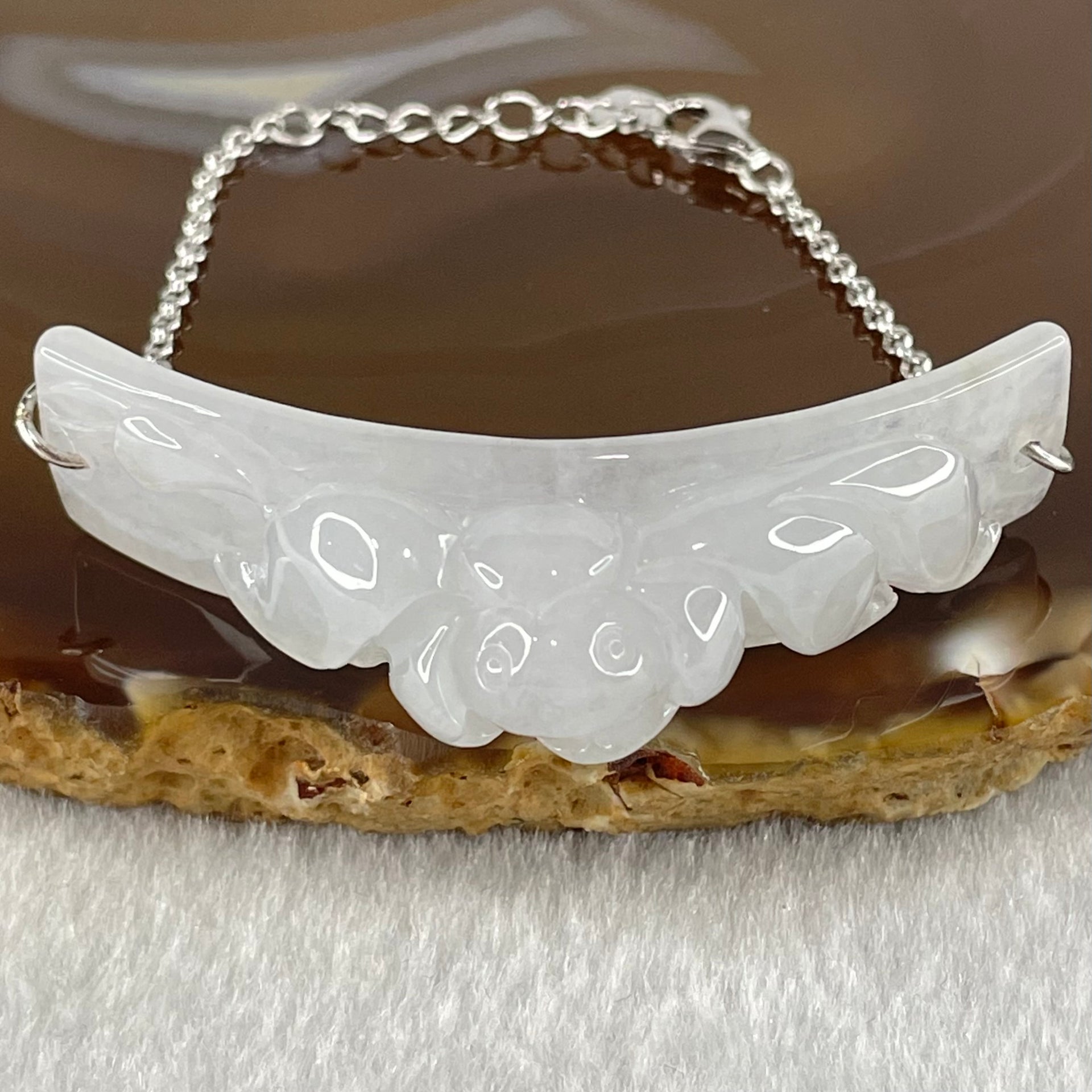 Type A Semi Icy Faint Lavender Jadeite Flower Charm in S925 Sliver Bracelets 13.70g 53.0 by 12.8 by 13.5mm - Huangs Jadeite and Jewelry Pte Ltd