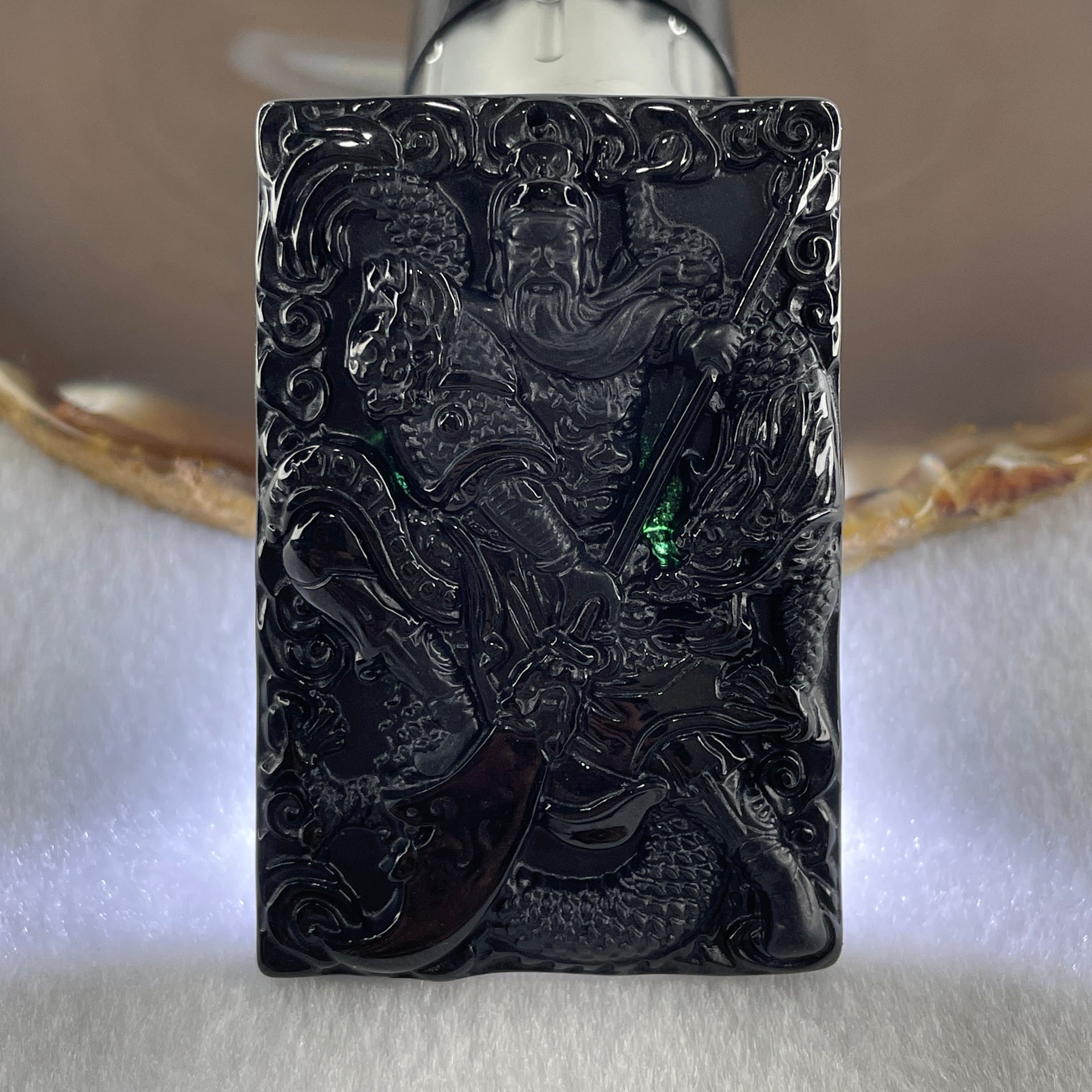 Type A Opaque to Partial Translucent Black Omphacite Jadeite Guan Gong with Dragon Pendant 26.12g 57.7 by 38.8 by 7.8mm - Huangs Jadeite and Jewelry Pte Ltd