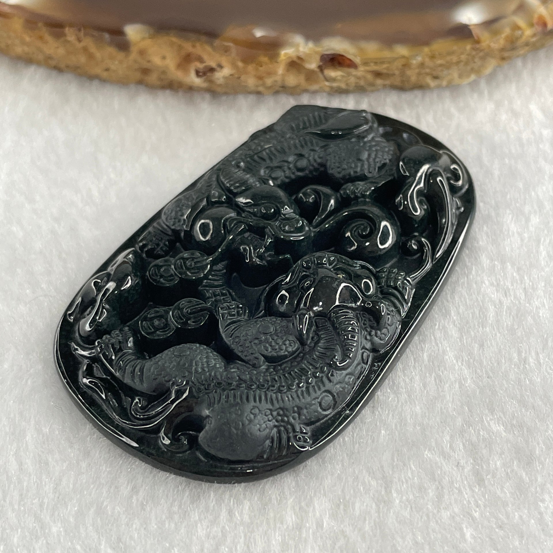 Type A Opaque to Partial Translucent Black Omphacite Jadeite Pixiu Pair with Coins Pendant 25.77g 57.1 by 35.4 by 9.2mm - Huangs Jadeite and Jewelry Pte Ltd