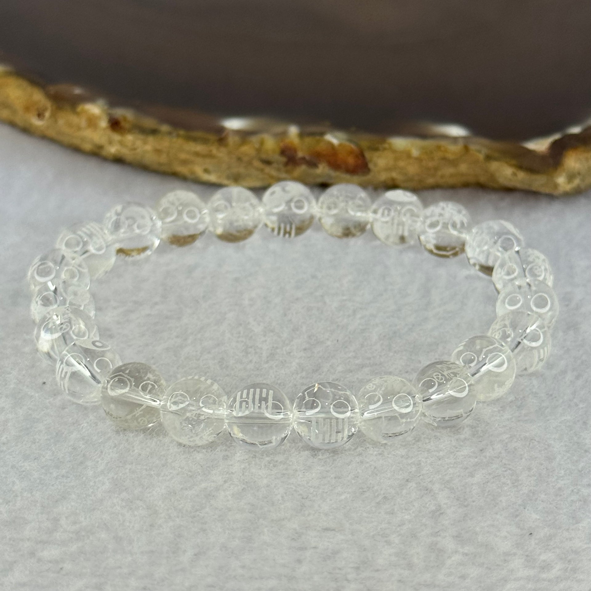 Natural Clear Quartz Beads with Inscription Bracelet 17.87g 15cm 8.4mm 23 Beads - Huangs Jadeite and Jewelry Pte Ltd