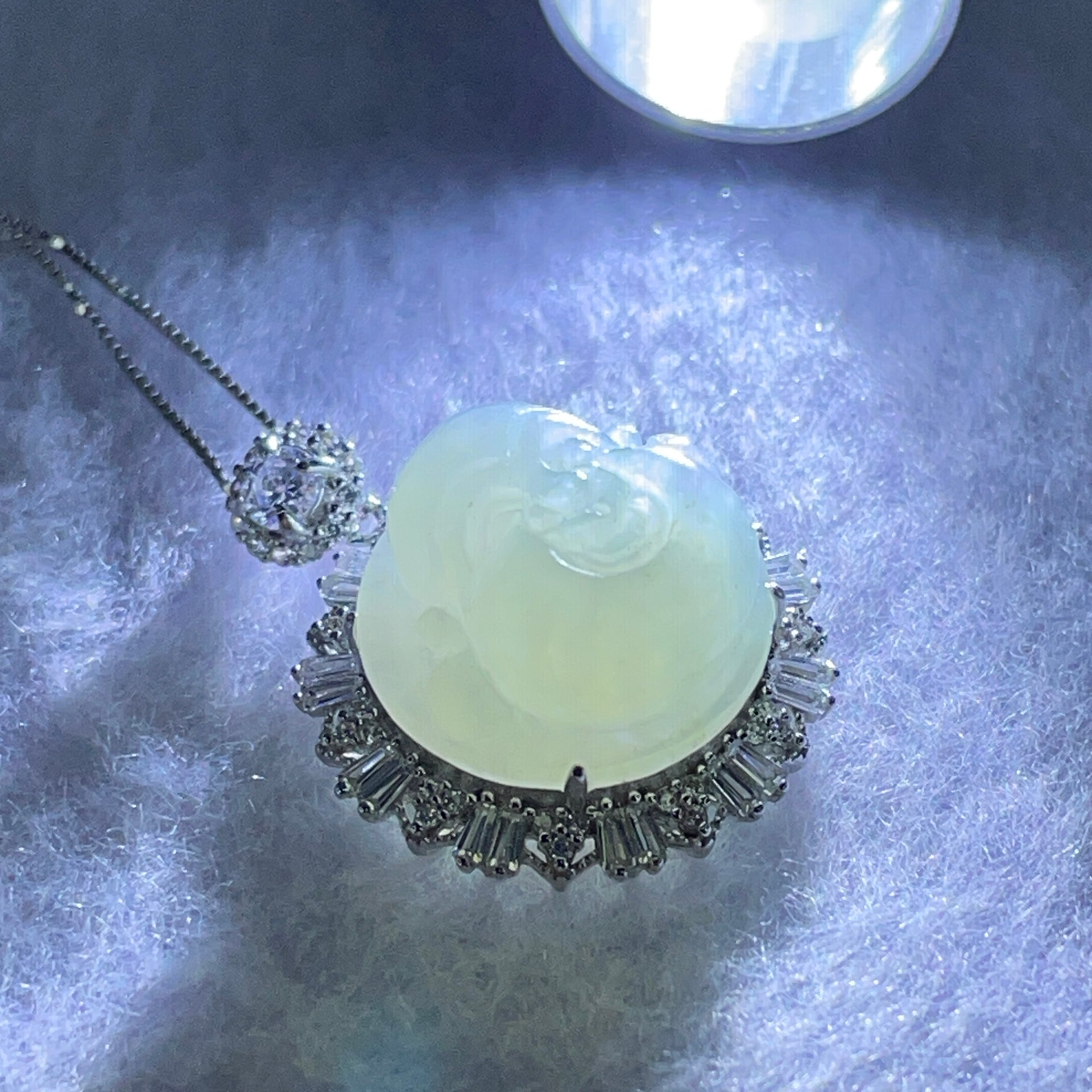 Type A Faint Green Milo Buddha with Crystals in S925 Sliver Pendant and Necklace 7.61g 16.2 by 16.2 by 8.5mm - Huangs Jadeite and Jewelry Pte Ltd