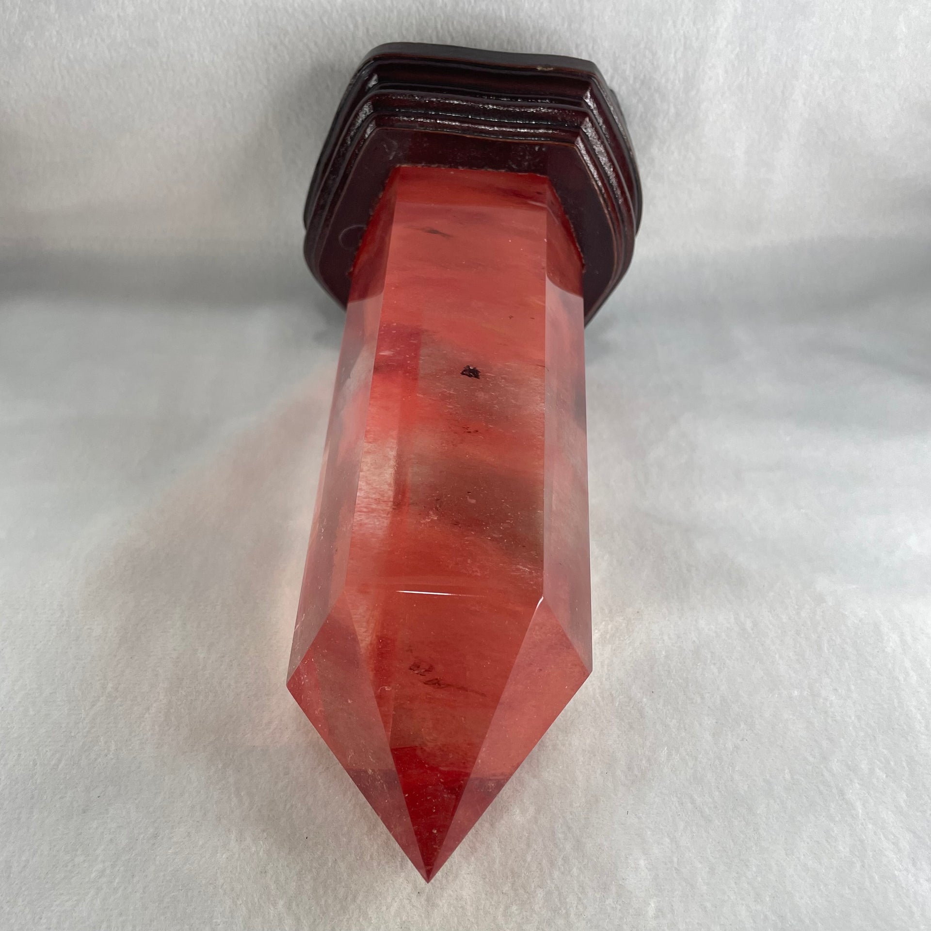 Cherry Quartz Tower with Wooden Stand Display 1733.9g 120.0 by 111.0 by 250.0mm - Huangs Jadeite and Jewelry Pte Ltd
