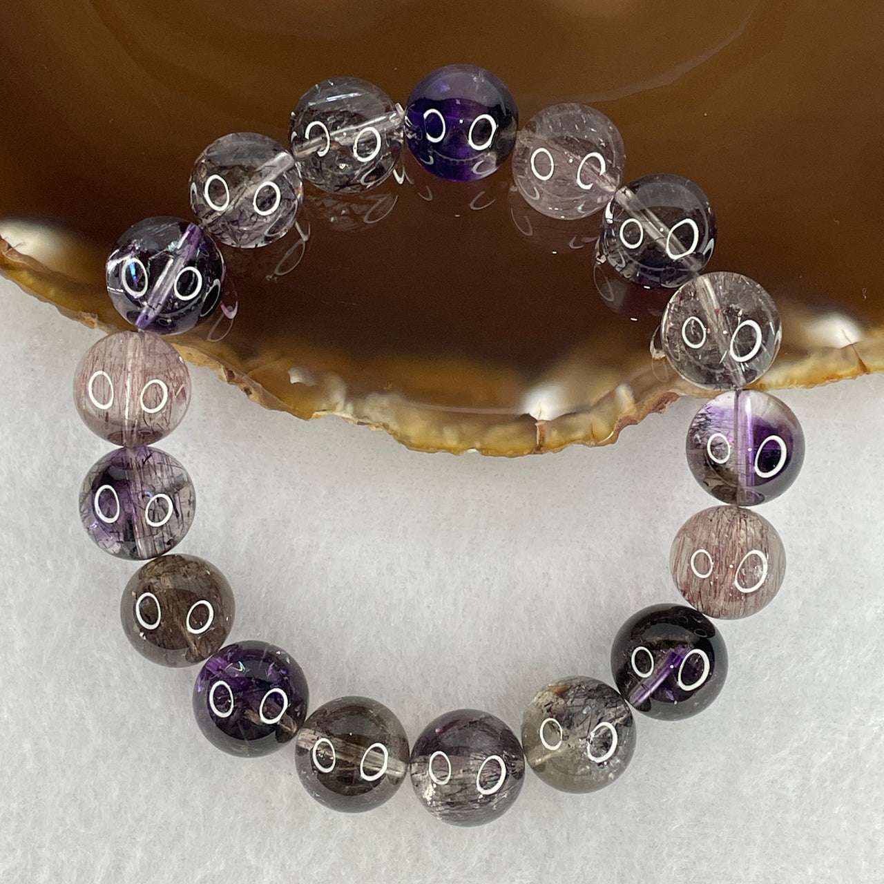 Certified Very Good Grade Natural Fully Transparent Black Super 7 Crystal Bead Bracelet | 12.3mm Black Super 7 (42.84g | 16.5cm Wrist Sizing | 17 Beads)