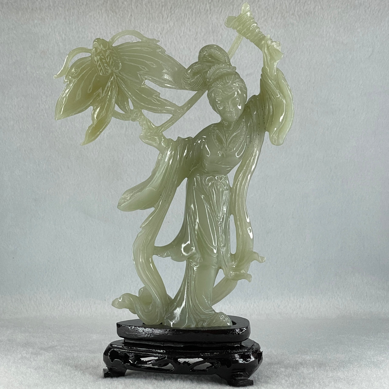 Natural Green Serpentine Fairy with Butterfly with Wooden Stand Display 336.9g 132.0 by 201.0 by 68.0mm - Huangs Jadeite and Jewelry Pte Ltd