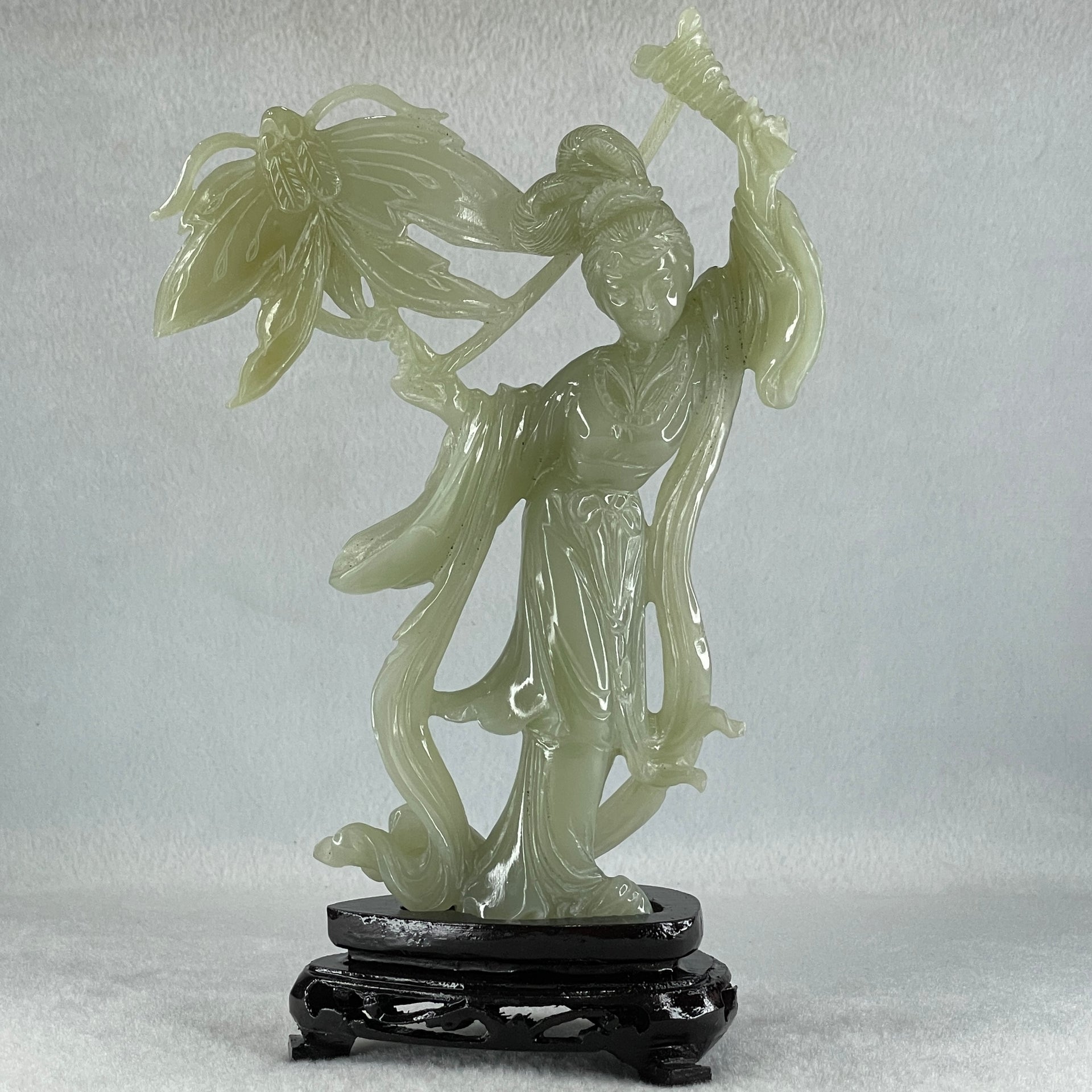 Natural Green Serpentine Fairy with Butterfly with Wooden Stand Display 336.9g 132.0 by 201.0 by 68.0mm - Huangs Jadeite and Jewelry Pte Ltd