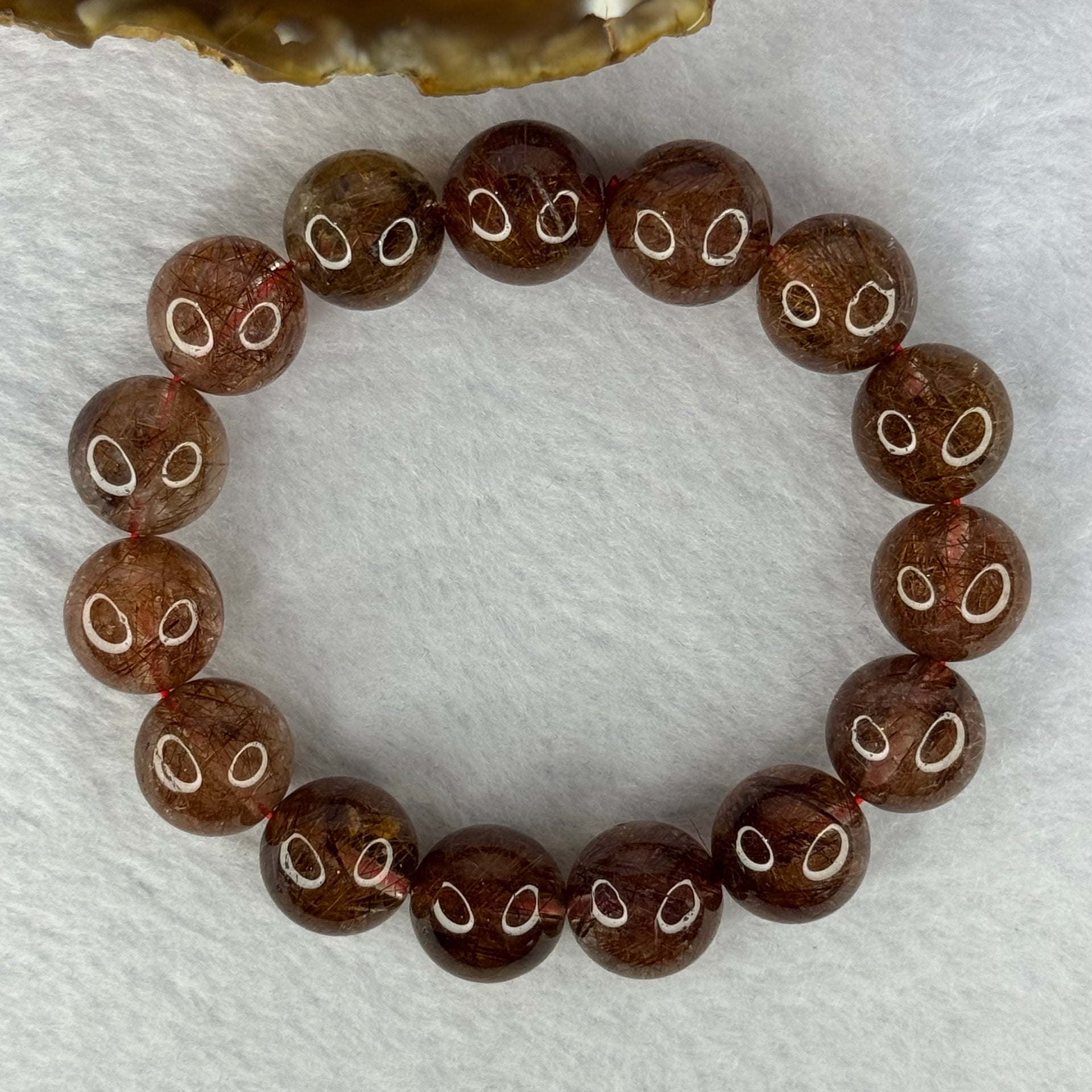 Natural Copper Rutilated Quartz Beads Bracelet 銅髮晶手镯 52.90g 17.5cm 14.mm 15 Beads - Huangs Jadeite and Jewelry Pte Ltd