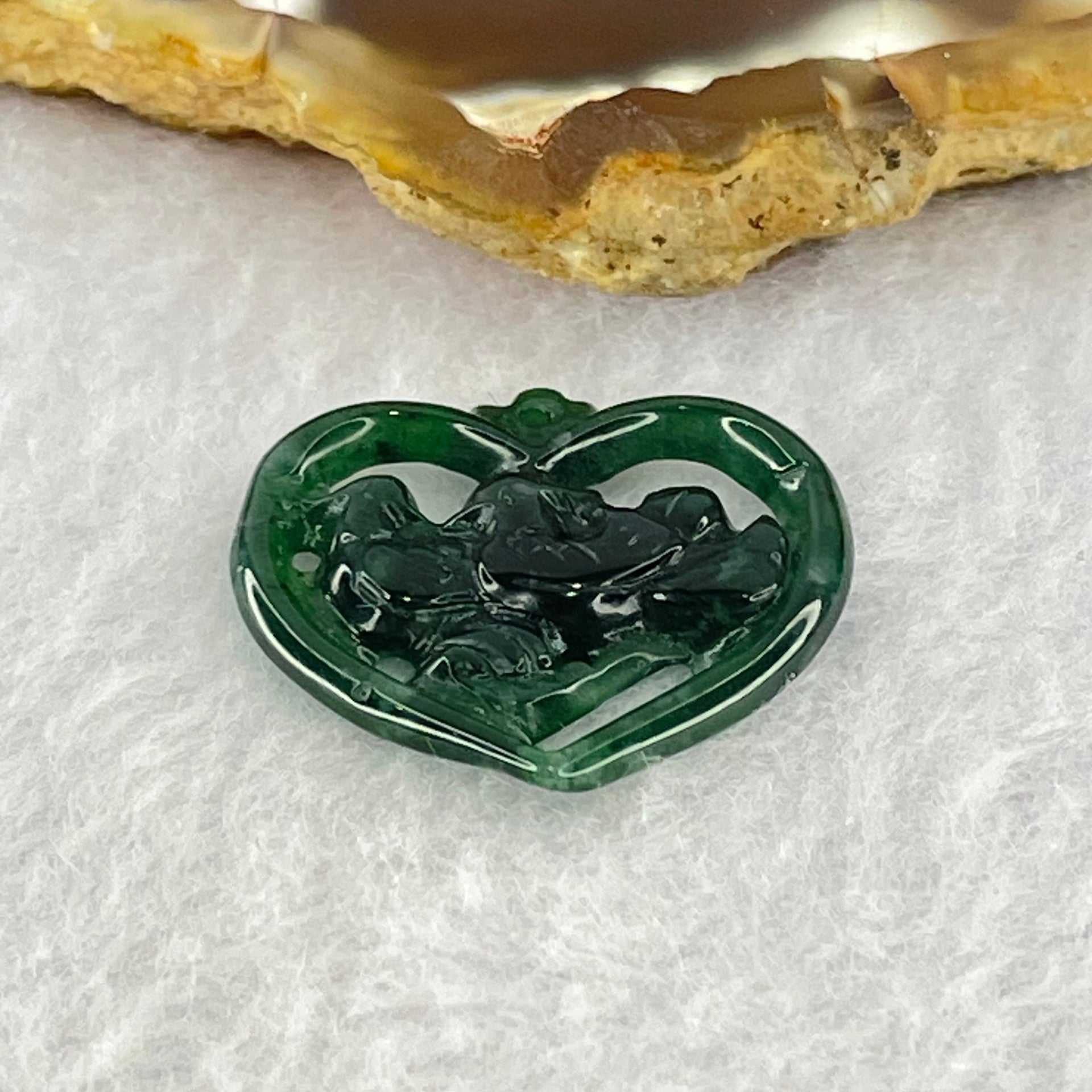 Type A Dark Blueish Green Jadeite Heart Shape with Twin Ducks Pendant for Better Relationship and Love 2.17g 24.5 by 21.7 by 3.0mm - Huangs Jadeite and Jewelry Pte Ltd