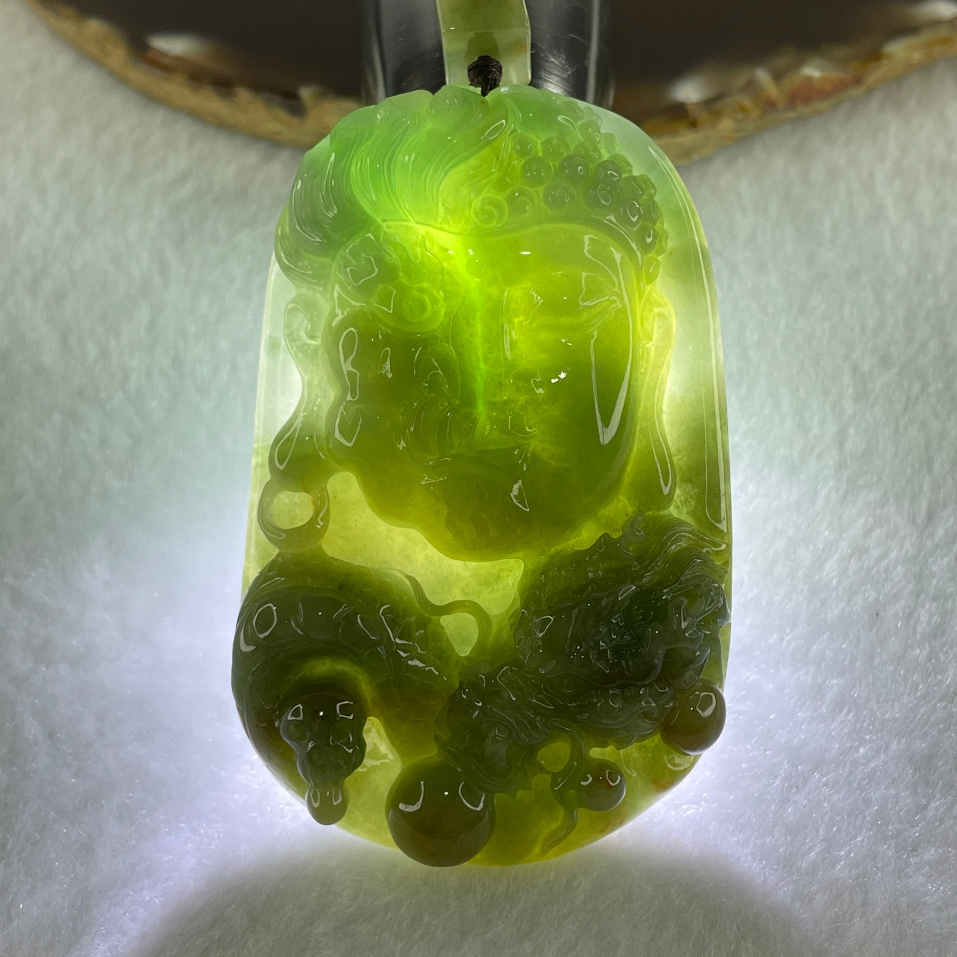 Natural Type A Blueish Green with Light Brown Jadeite Good Vs Evil (Buddha Vs Devil) with Dragon 80.23g 68.0 by 43.7 by 12.3mm - Huangs Jadeite and Jewelry Pte Ltd