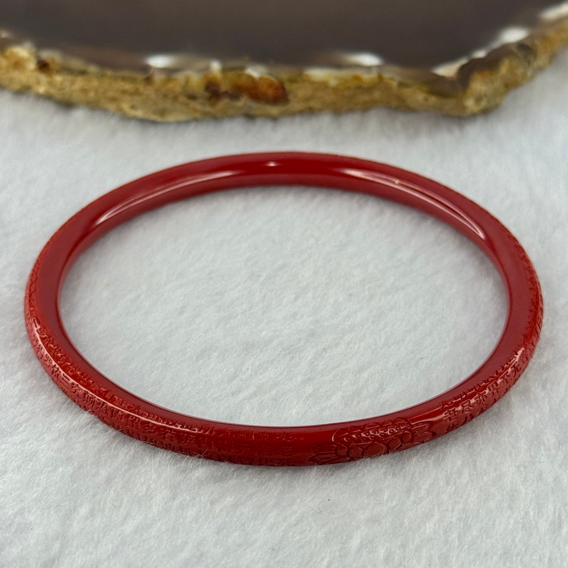 Natural Red Cinnabar Bangle with Inscription 15.30g Internal Diameter 60.7mm 5.3 by 5.5mm - Huangs Jadeite and Jewelry Pte Ltd