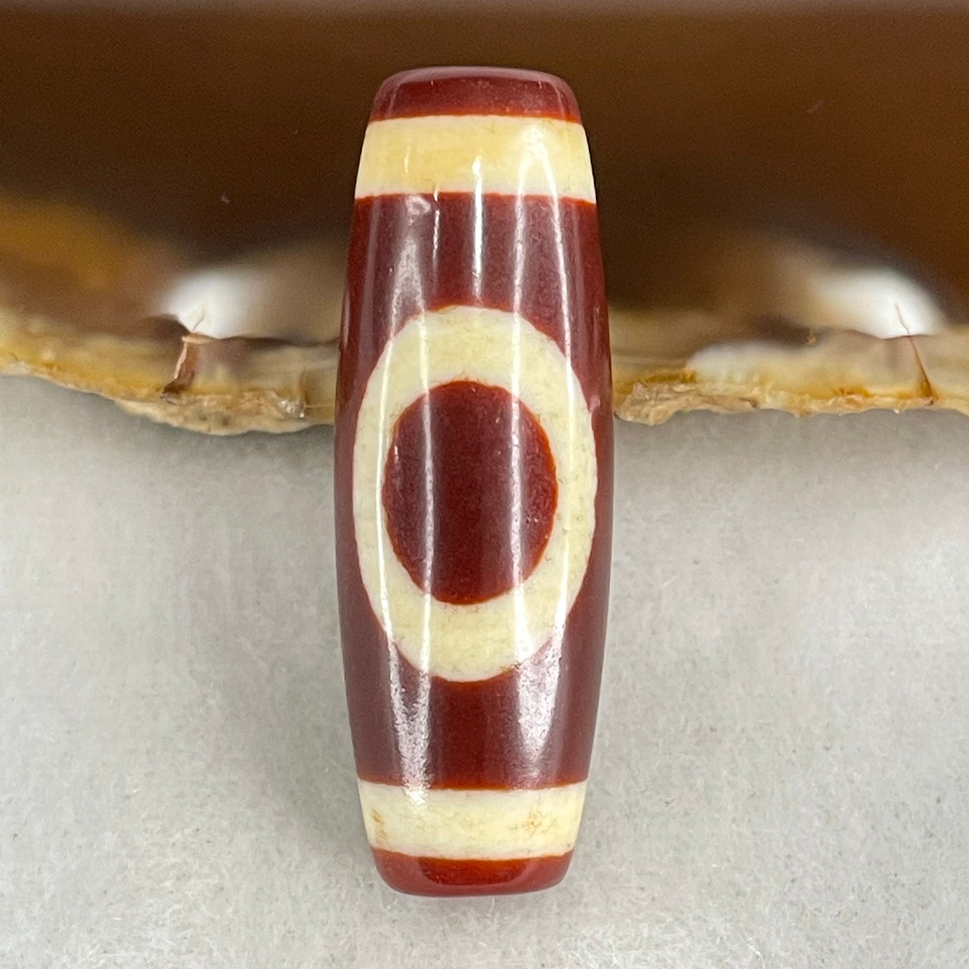 Natural Powerful Tibetan Old Oily Red White Agate One Eye Wood Element Dzi Bead Heavenly Master (Tian Zhu) 一眼木元素天珠 9.77g 37.6 by 13.0mm - Huangs Jadeite and Jewelry Pte Ltd