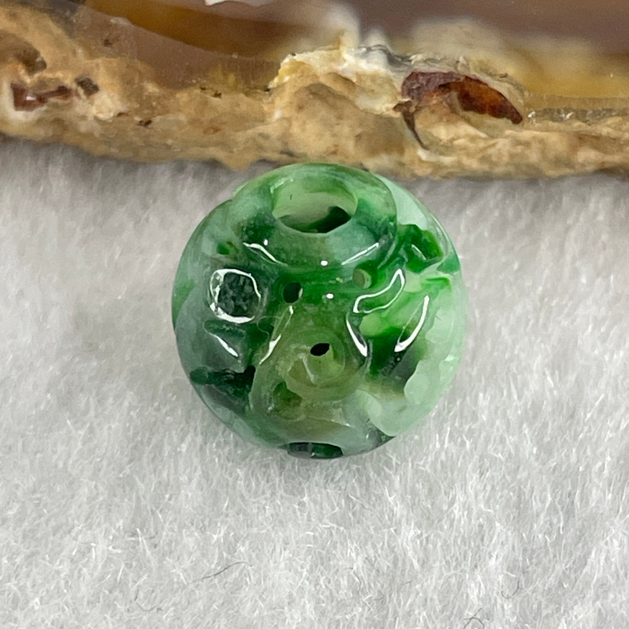 Natural Type A Lao Keng Old Mine Green with Light Green Jadeite Flora Carving Bead Charm 1.44g 11.4mm - Huangs Jadeite and Jewelry Pte Ltd