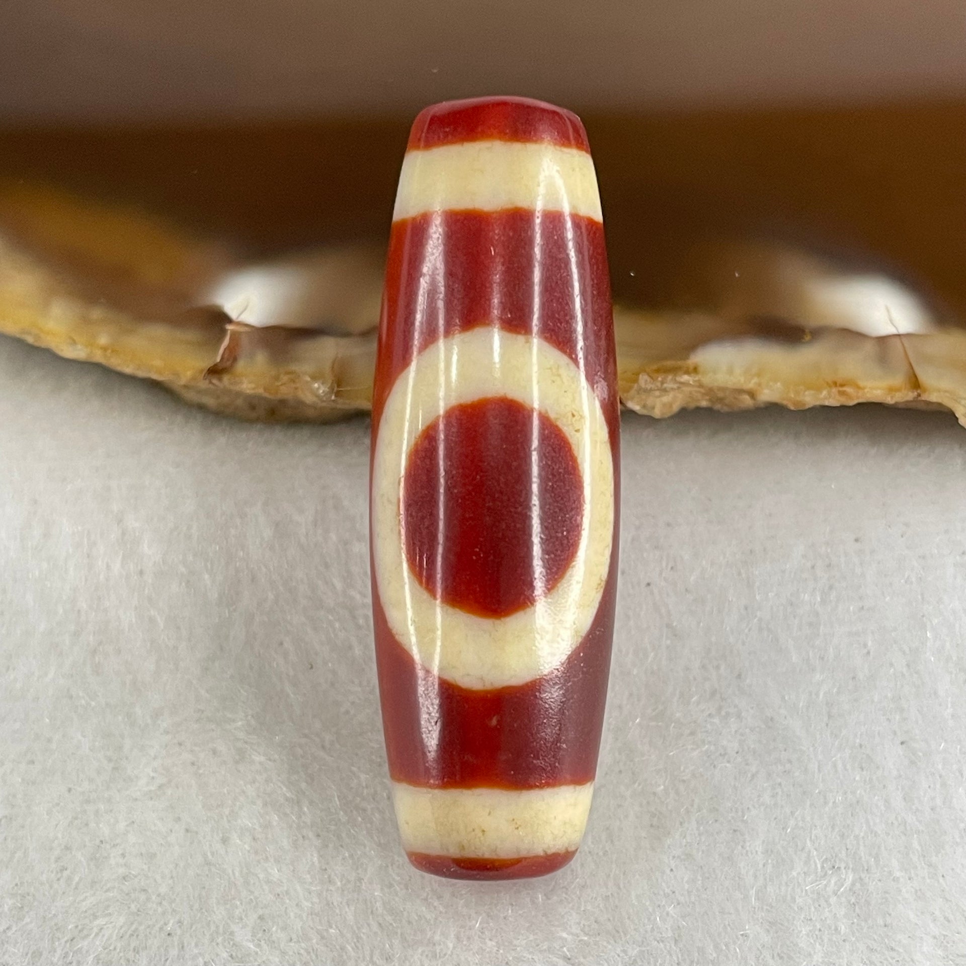 Natural Powerful Tibetan Old Oily Red White Agate One Eye Gold Metal Element Dzi Bead Heavenly Master (Tian Zhu) 一眼金天珠 8.81g 37.5 by 12.4mm - Huangs Jadeite and Jewelry Pte Ltd