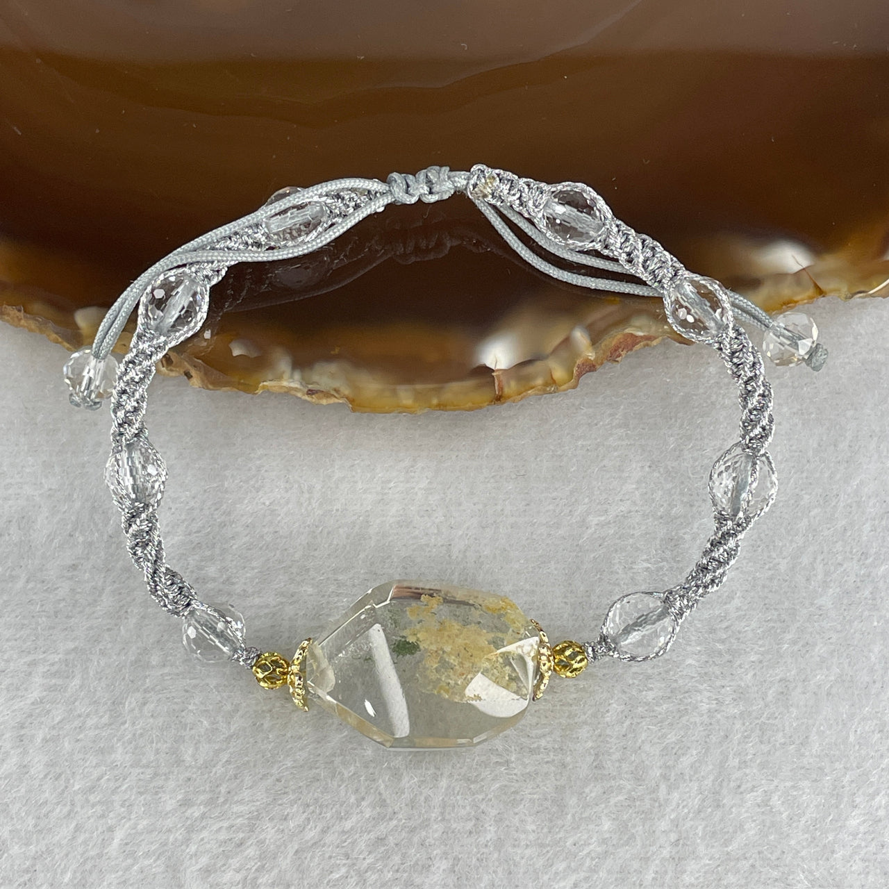 Natural Green Phantom Quartz Odd Shape with Man Made Beads String Bracelet 9.55g 15-18cm 22.1 by 16.1 by 9.8mm Odd Shape - 6.3mm 8 Beads