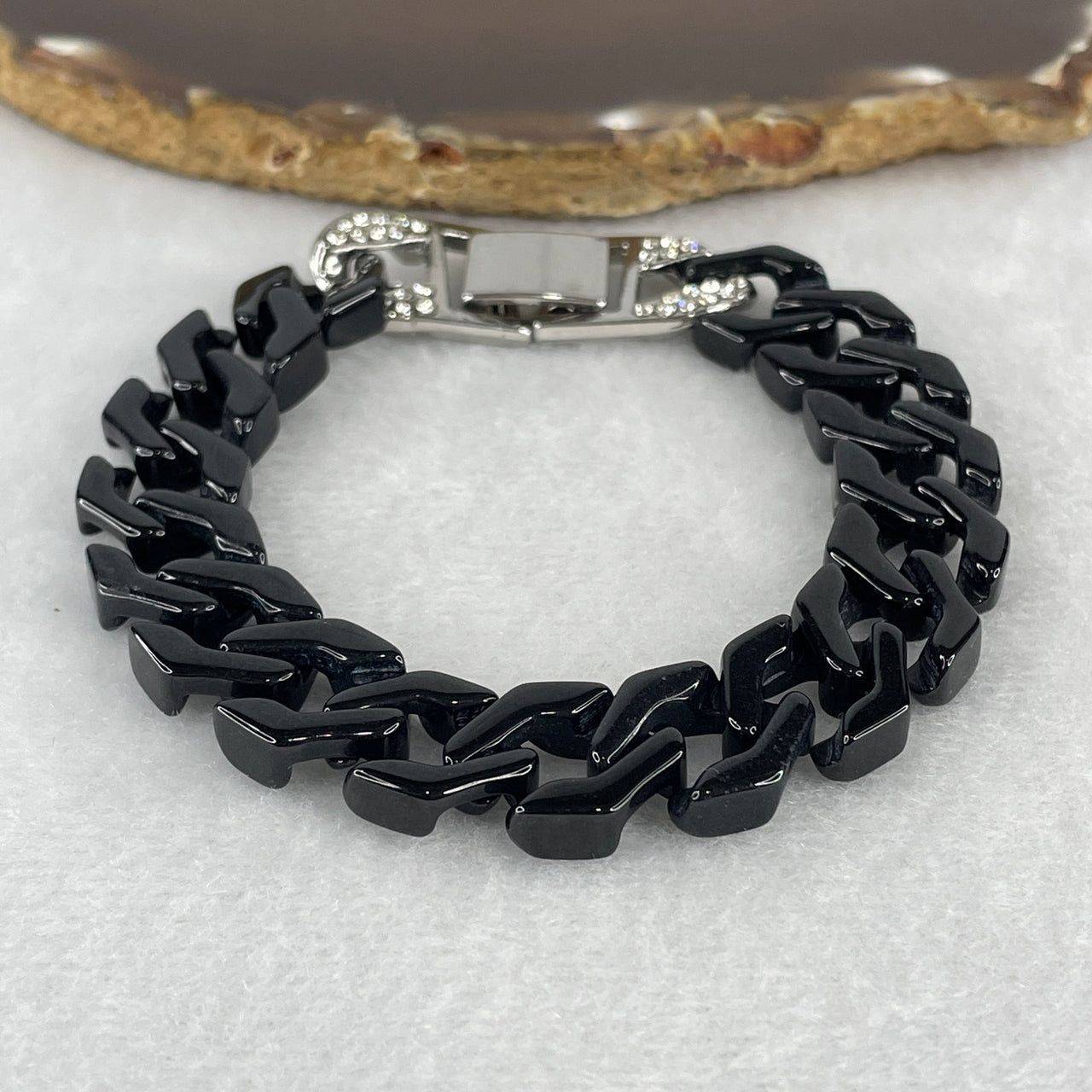 Certified Natural Type A Black Omphacite Jadeite Cuban Tennis Bracelet with Sliver Color and Cubic Zirconia Clap 29.20g Up to 19cm 14.0 by 5.0mm 17 Pcs