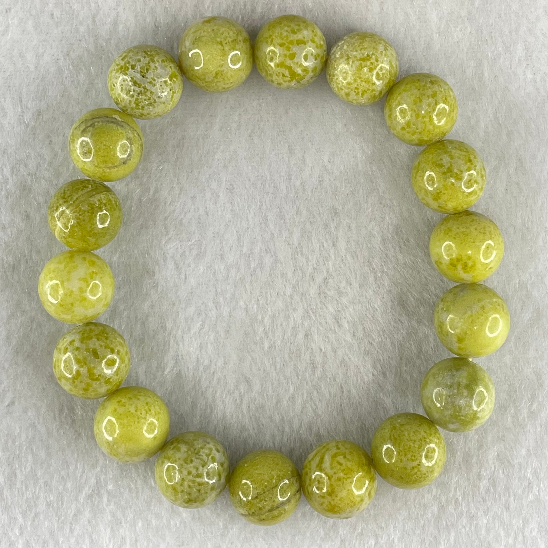 Natural Green Serpentine Jade Beads Bracelet 天然黄山玉手链 42.24g 17.5cm 12.3mm 18 Beads - Huangs Jadeite and Jewelry Pte Ltd