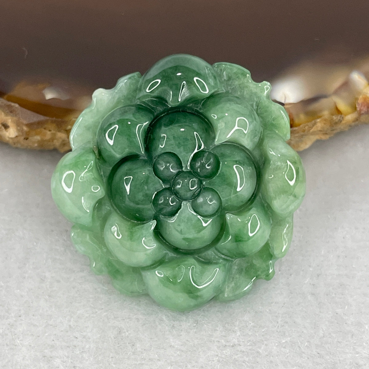 Natural Type A Green with Dark Green Jadeite Lotus Flower Pendant Charm | Spiritual Purity & Rooted Harmony (8.62g | 27.2x26.8x6.6mm)