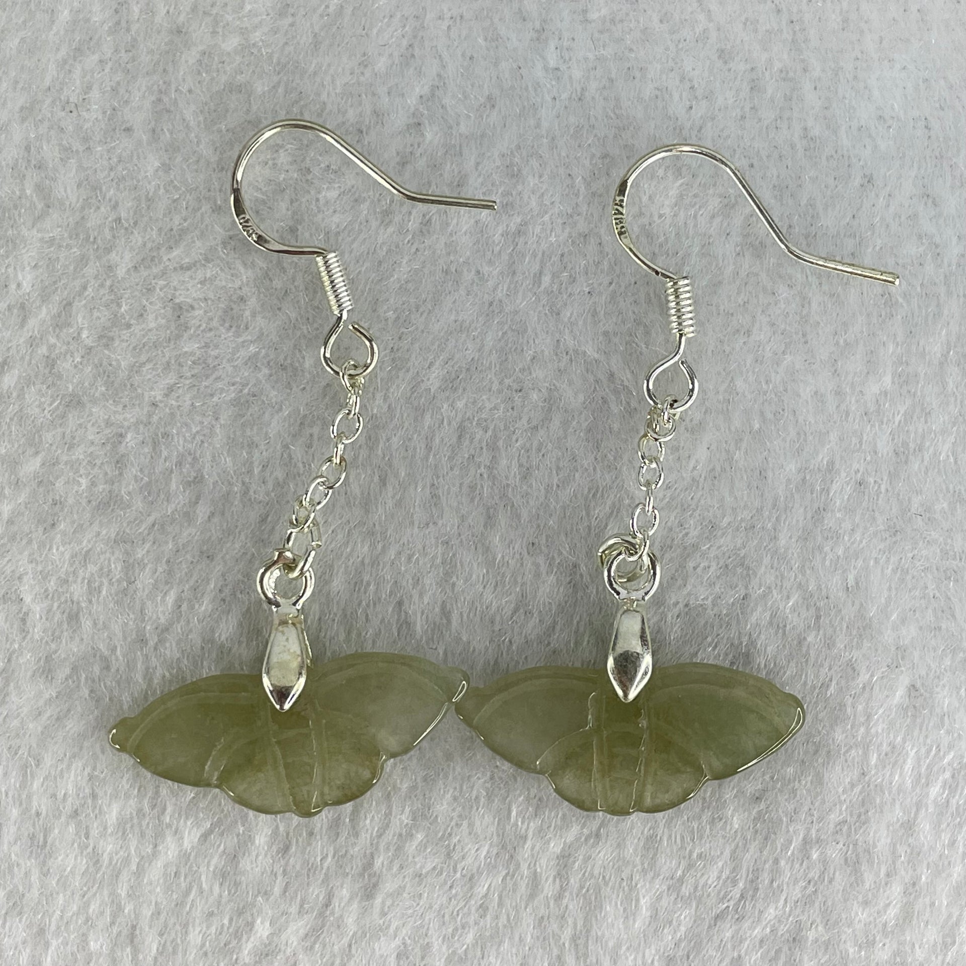 Type A Icy Brownish Green Jadeite Butterfly in S925 Sliver Earrings 2.43g 22.7 by 9.7 by 2.1mm - Huangs Jadeite and Jewelry Pte Ltd