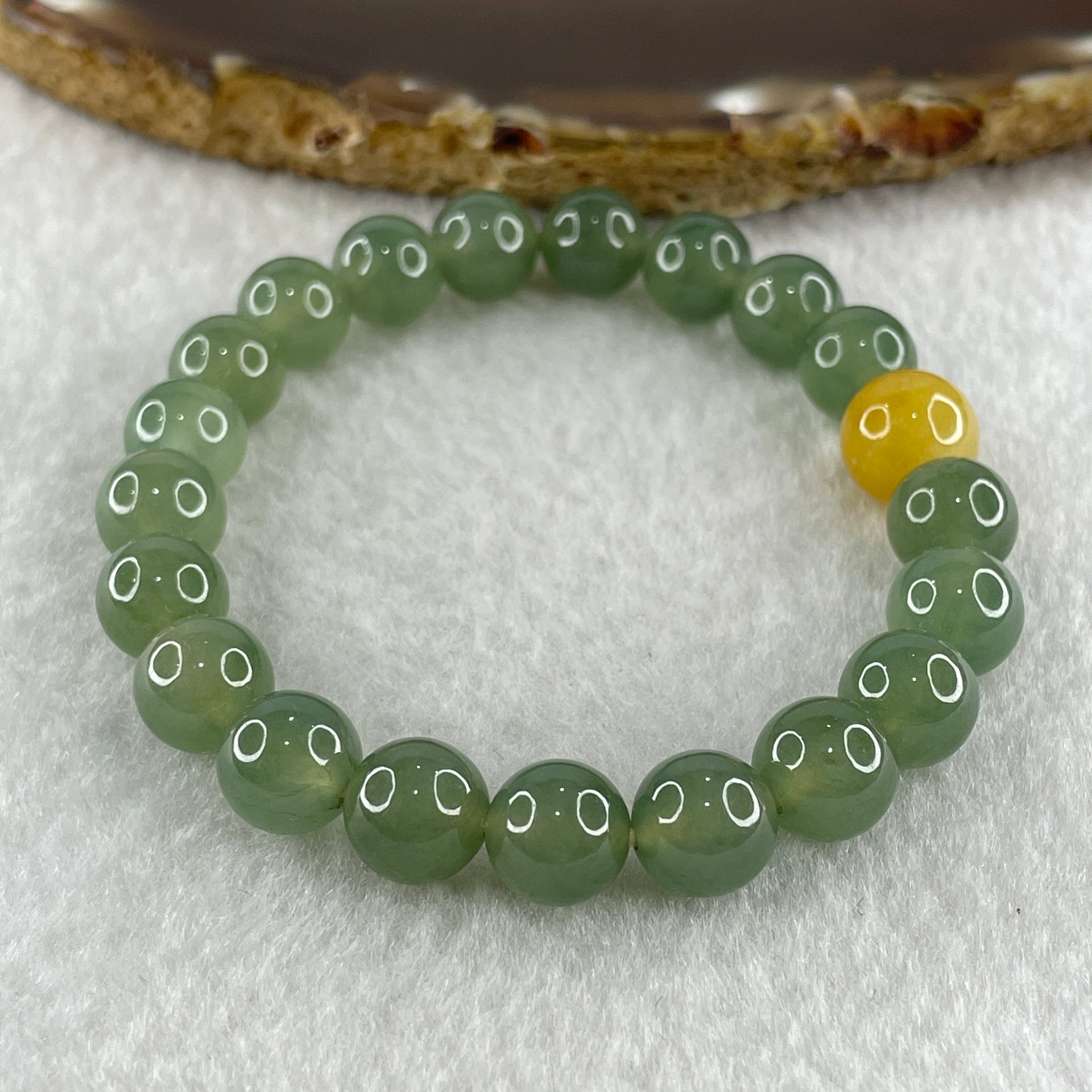 Tye A Natural Jelly Semi Icy Green with Yellow Jadeite Beads Bracelet 24.58g 15cm 88.8mm 20 Beads 9.8mm-yellow bead - Huangs Jadeite and Jewelry Pte Ltd