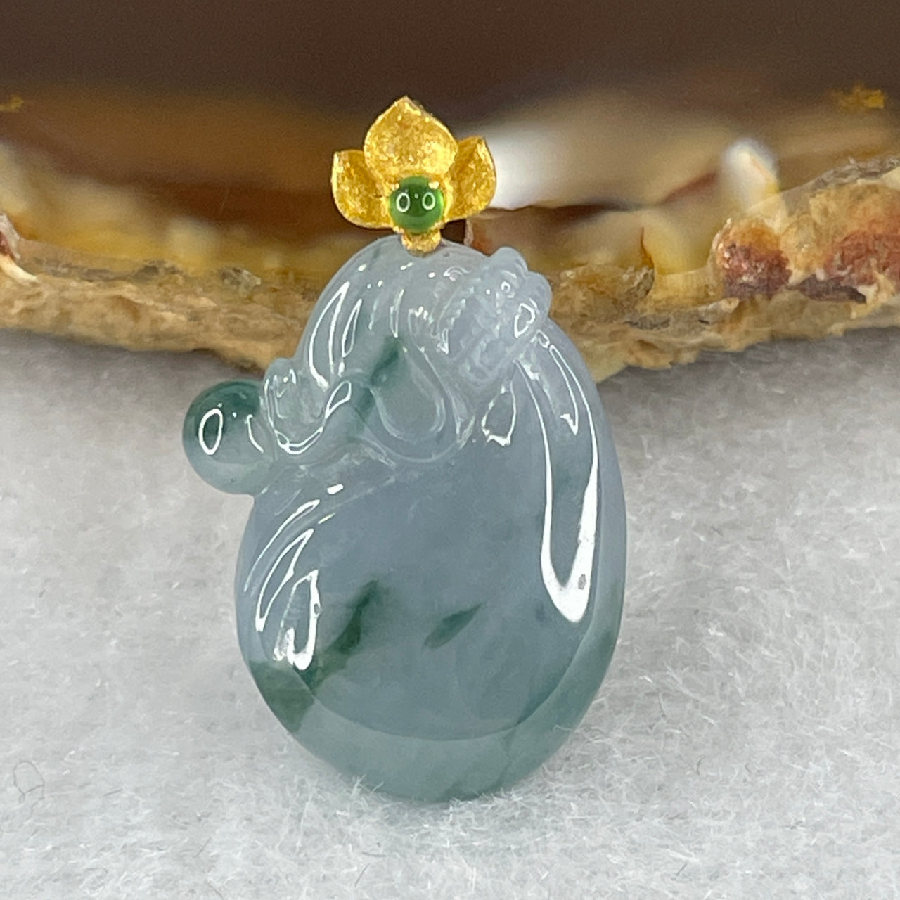 Type A Deep Lavender with Dark Blueish Green Flora Jadeite Money Bag Charm in 18K AU750 Yellow Gold Clasp 2.58g 18.1 by 13.5 by 5.5mm with Gold Color Necklace - Huangs Jadeite and Jewelry Pte Ltd