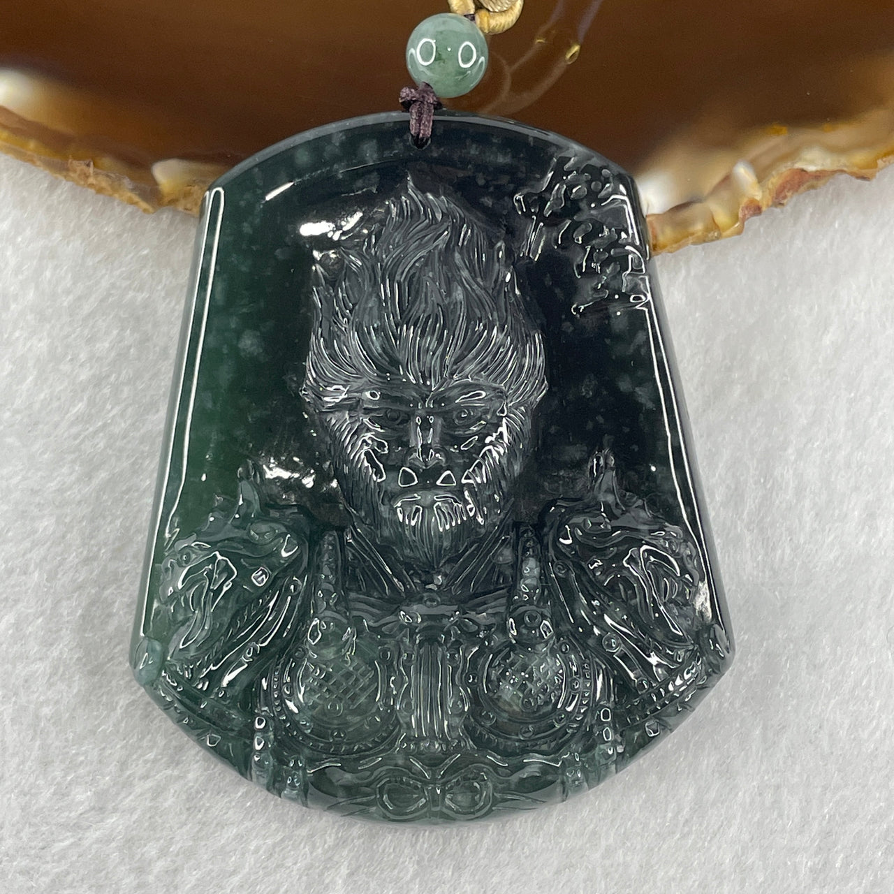 Natural Type A Semi Icy Dark Blueish Green Jadeite Sun Wu Kong Monkey God Pendant 70.54g 60.0 by 50.7 by 13.0mm