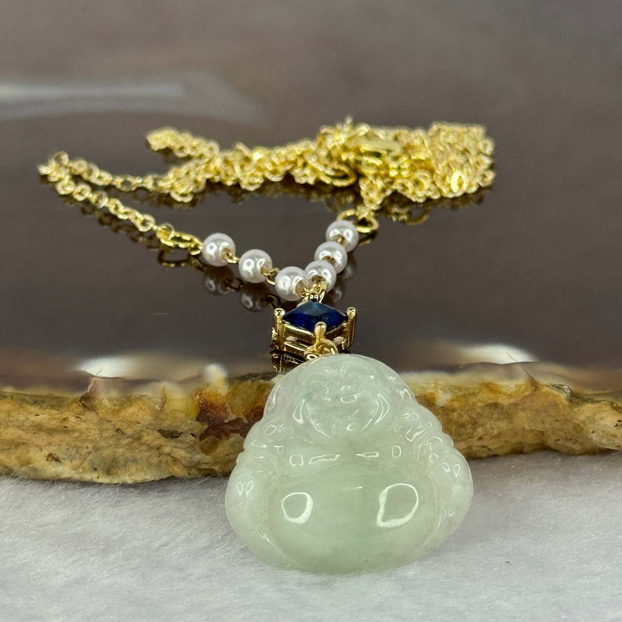 Type A Green Jadeite Milo Buddha Pendent Gold Color Necklace 5.28g 17.8 by 19.6 by 5.6mm - Huangs Jadeite and Jewelry Pte Ltd