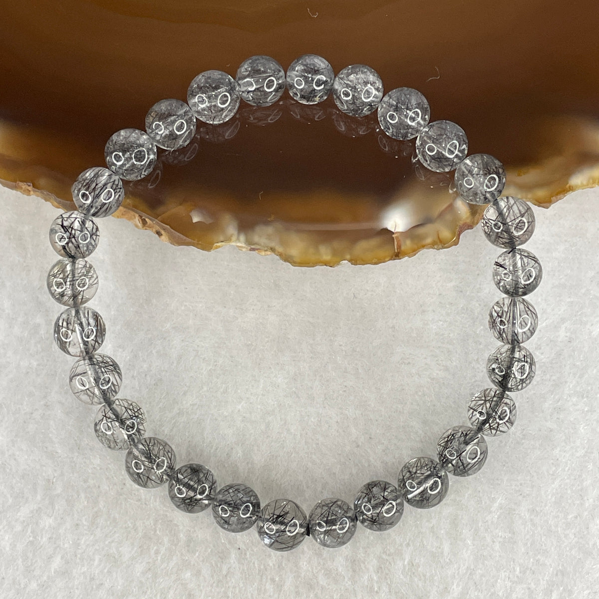 Good Grade Natural Black Rutilated Quartz Beads Bracelet | 6.9mm Rutile Shield Amulet (11.30g | 15.5cm Wrist | 28 Beads)