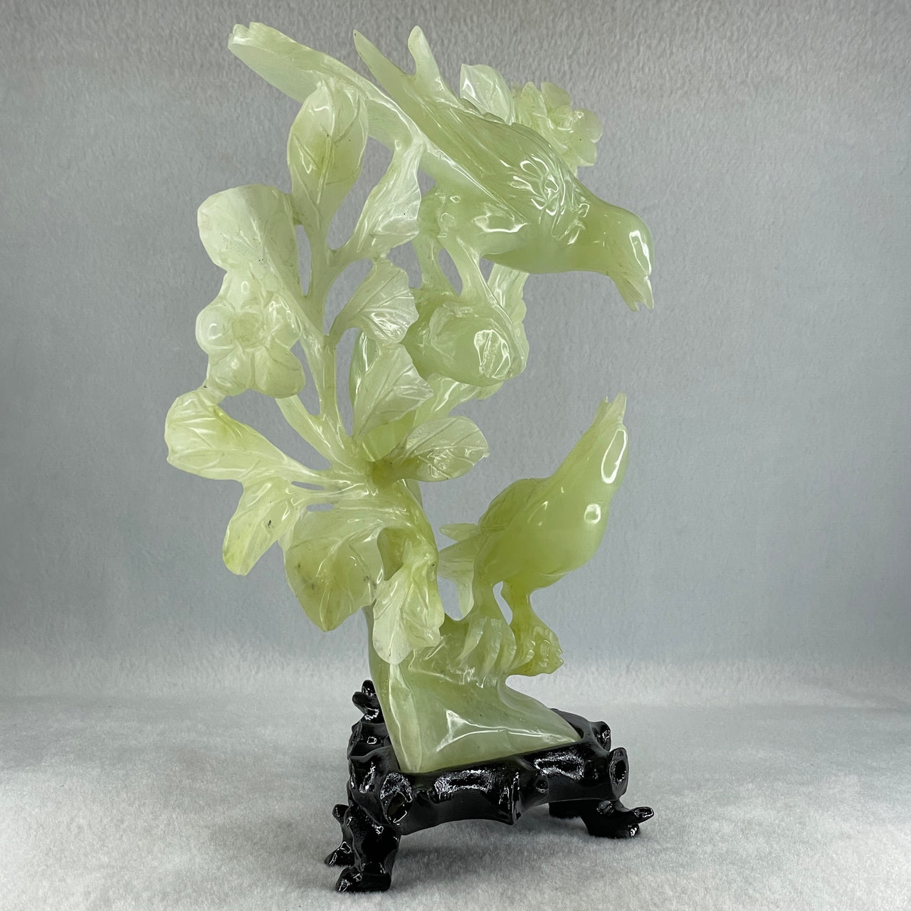 Natural Green Serpentine Twin Magpie Birds on Tree with Wooden Stand Display 712.9g 145.0 by 90.0 by 210.0mm