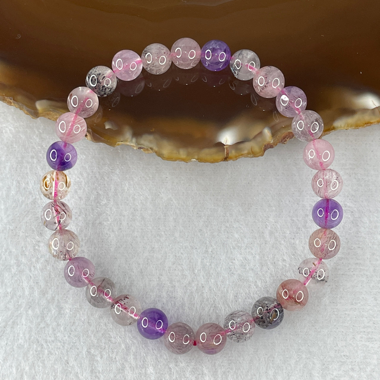 Certified Above-Average Grade Natural Super 7 Crystal Beads Bracelet | Fluid High-Clarity Petite Strand | Authentic Sacred Seven Multi-Mineral Inclusions Quartz Spiritual Catalyst & Auric Shield Bracelet (12.28g | 16.5cm Length | 6.8mm | 29 Beads)