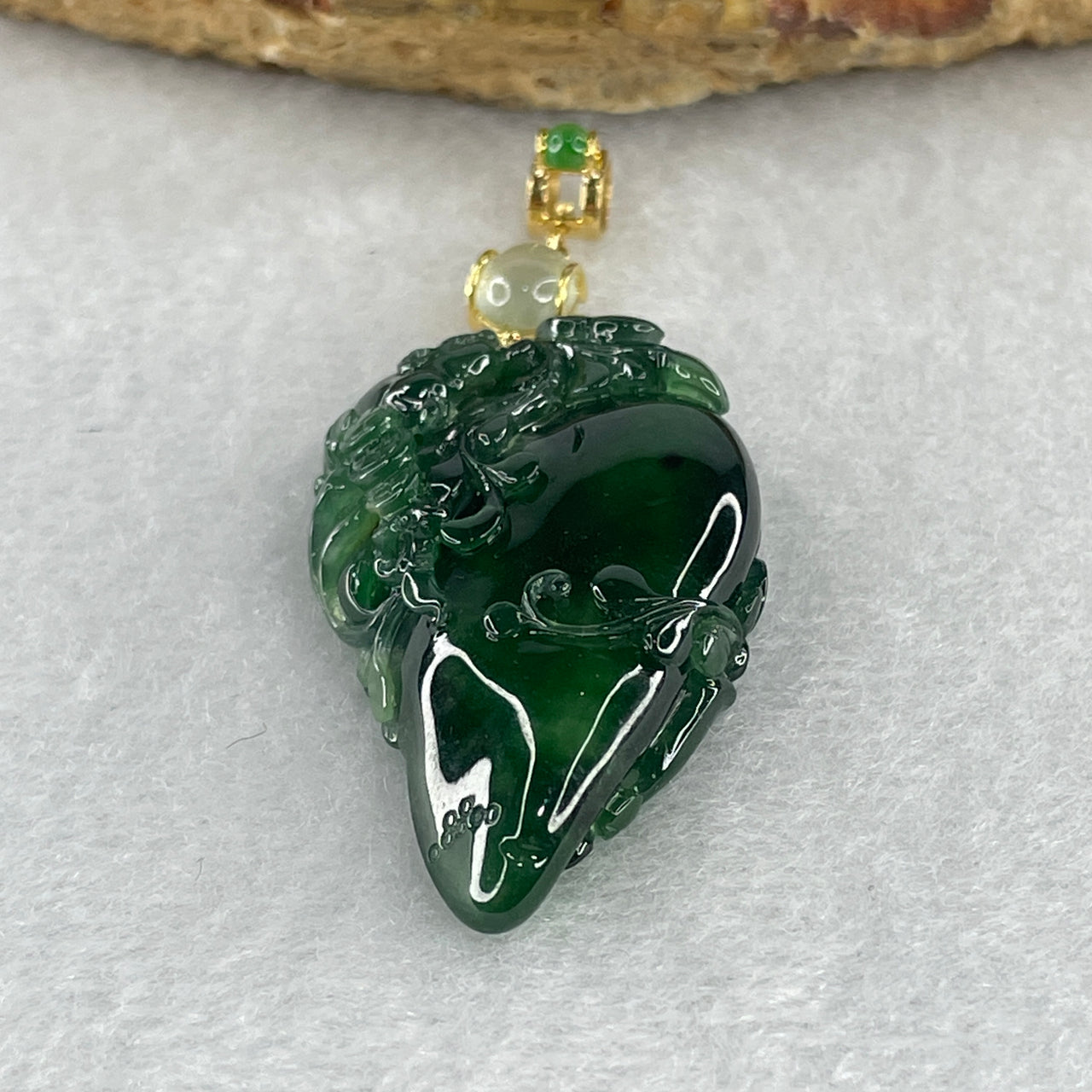 Natural Type A Semi Icy Spicy Green Jadeite Rat with Coins and Ruyi on Mango with Icy White Jadeite Bead in 18K Yellow Gold Clasp Pendant 9.46g 37.2 by 22.2 by 8.9mm