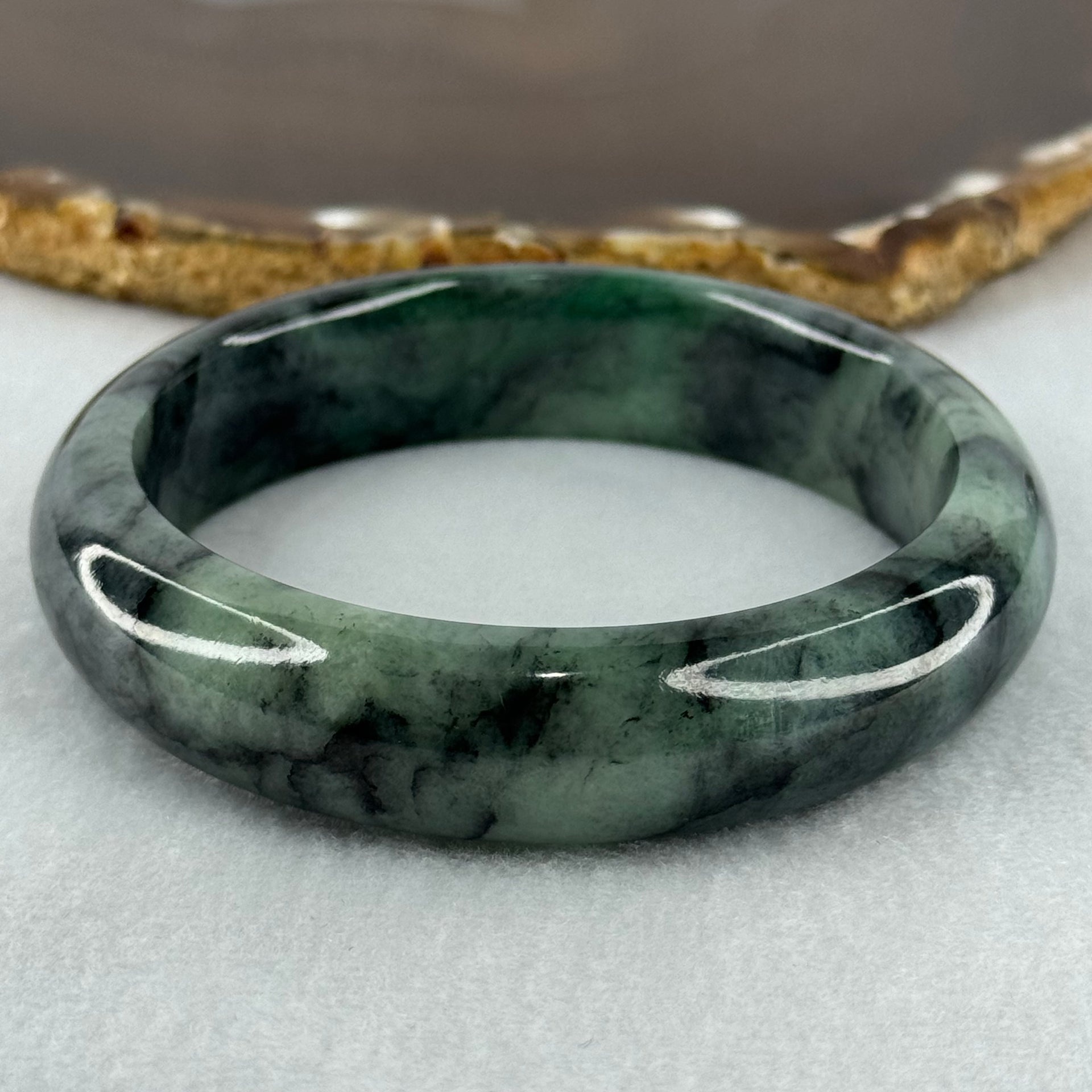 Type A Green and Black to Dark Green Piao Hua Jadeite Bangle Internal Diameter 58.2mm 73.13g 15.0 by 8.9mm (Internal Lines) - Huangs Jadeite and Jewelry Pte Ltd