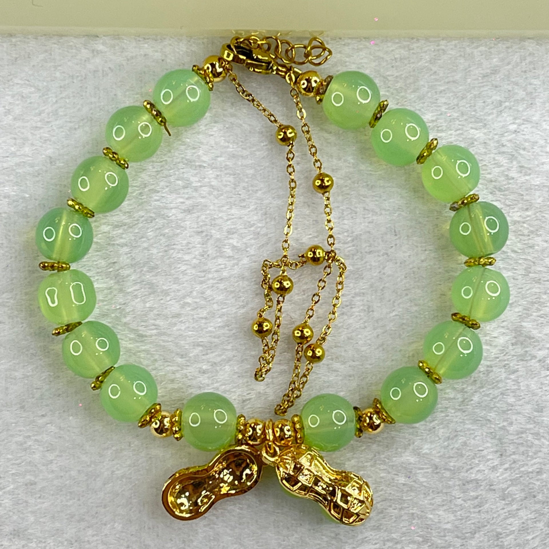 Green Chalcedony Beads and Peanut in Gold Color Bracelet 15.97g 14cm 8.1mm 16 Beads - Huangs Jadeite and Jewelry Pte Ltd
