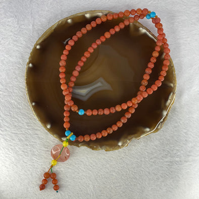 Rare Natural Nan Hong Agate Beads Necklace 6.8 mm 112 Beads with Floral Agate Ping An Kou Donut and Turquiose 47.60g - Huangs Jadeite and Jewelry Pte Ltd