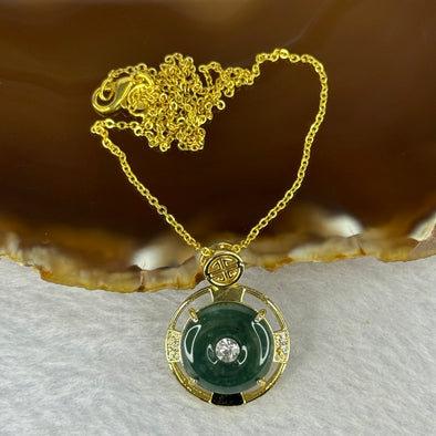 Type A Semi Icy Blueish Green Jadeite Ping An Kou Donut in S925 Silver Gold Color Chain Necklace 3.34g 15.0 by 3.8mm