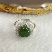 Natural Green Nephrite with Crystals In S925 Sliver Ring  (Adjustable Size) 2.92g 10.4 by 10.0 by 5.0mm - Huangs Jadeite and Jewelry Pte Ltd