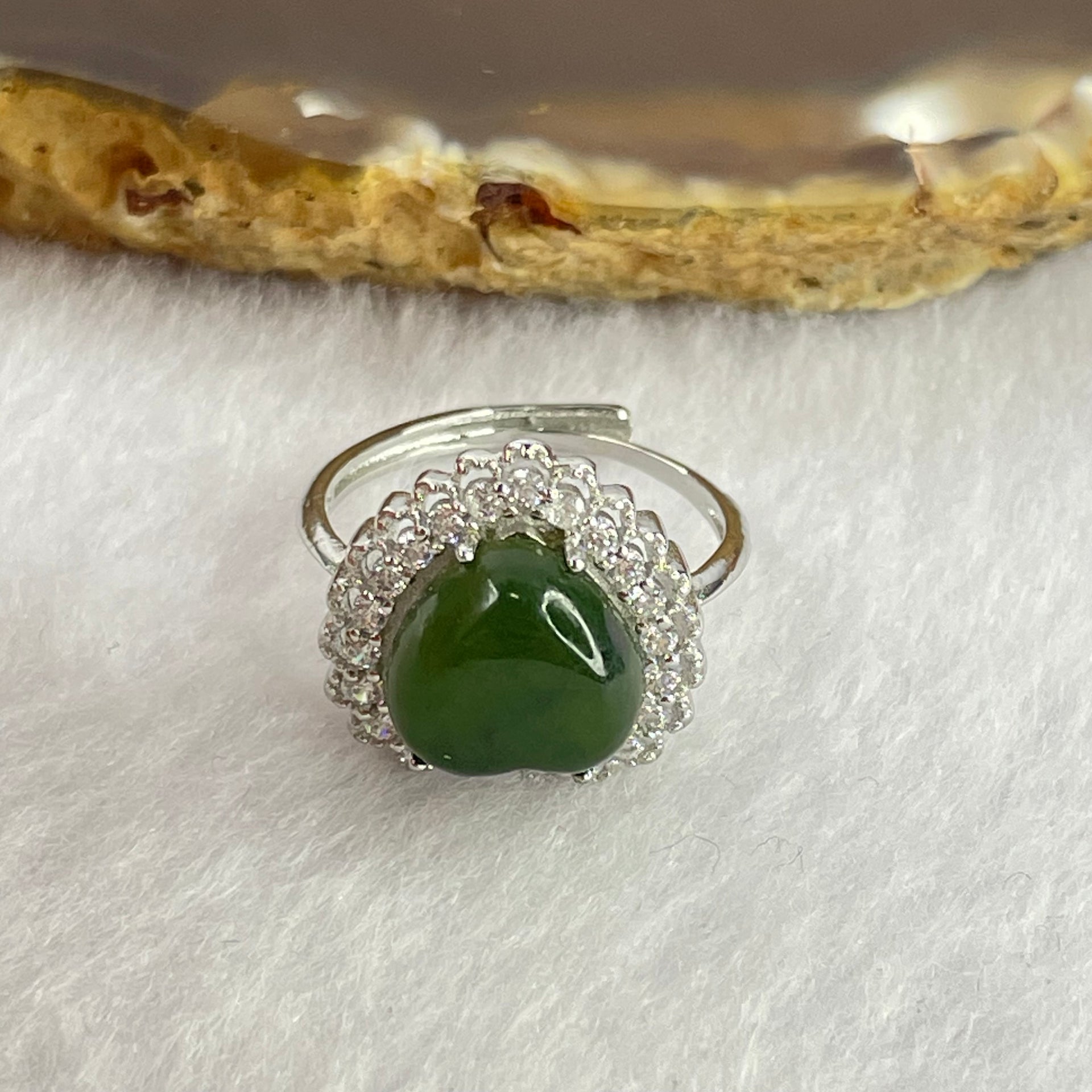 Natural Green Nephrite with Crystals In S925 Sliver Ring  (Adjustable Size) 2.92g 10.4 by 10.0 by 5.0mm - Huangs Jadeite and Jewelry Pte Ltd