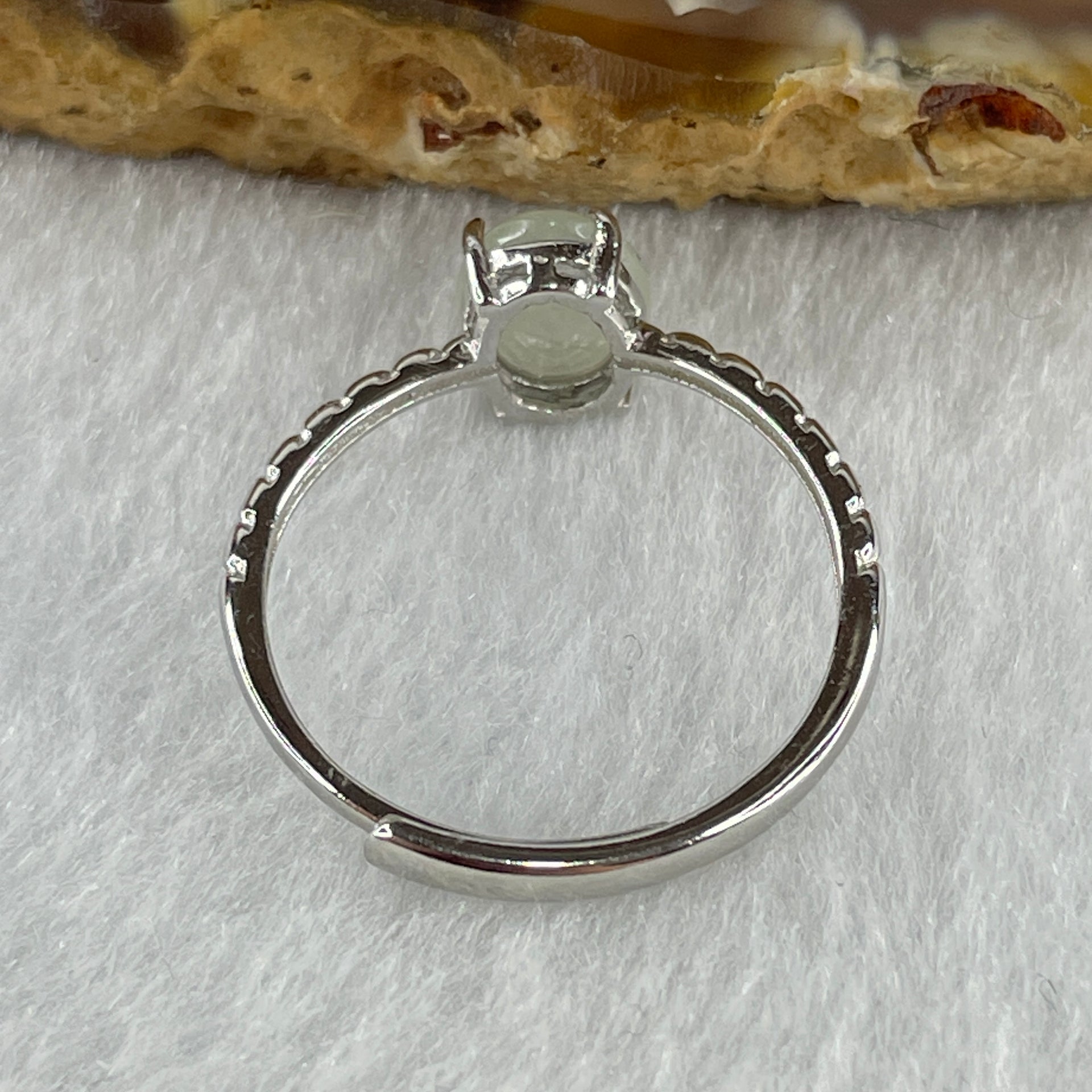 Natural Type A Semi Icy Faint Green Jadeite Oval Shape Cabouchon in S925 Silver Ring (Adjustable Size) 1.50g 7.9 by 6.3 by 3.5mm - Huangs Jadeite and Jewelry Pte Ltd
