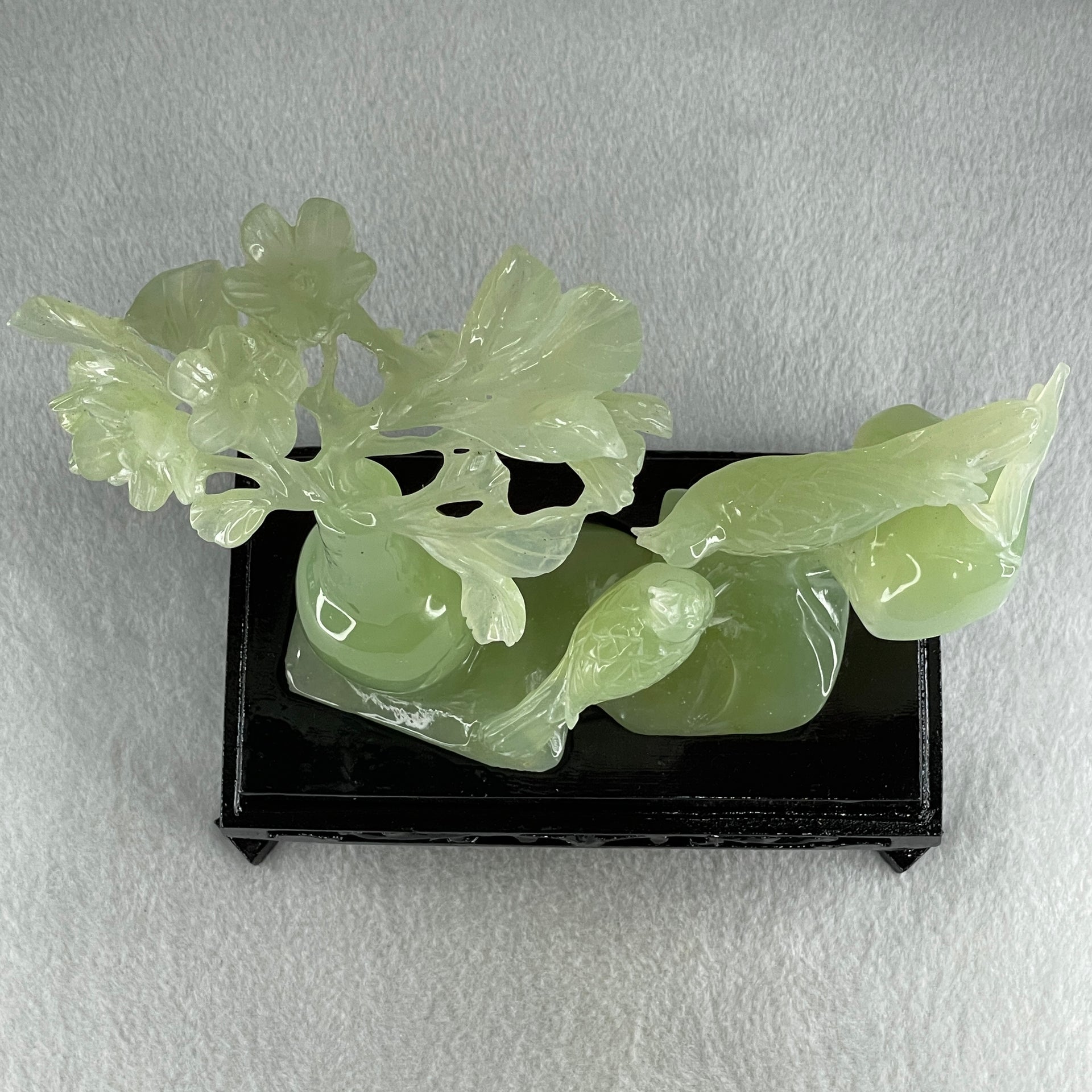 Natural Green Serpentine Double Magpies Birds on Mountain with Flower on Vase with Wooden Stand Display 553.8g 180.0 by 95.0 by 170.0mm - Huangs Jadeite and Jewelry Pte Ltd