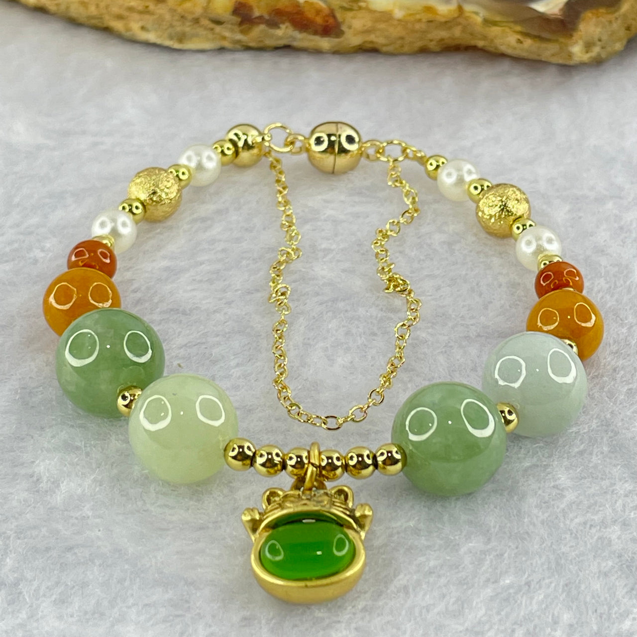 Type A Mixed Color Jadeite Beads with Fortune Cat Charm Gold Color Bracelet 14.04g 10.5mm 4 Beads - Huangs Jadeite and Jewelry Pte Ltd