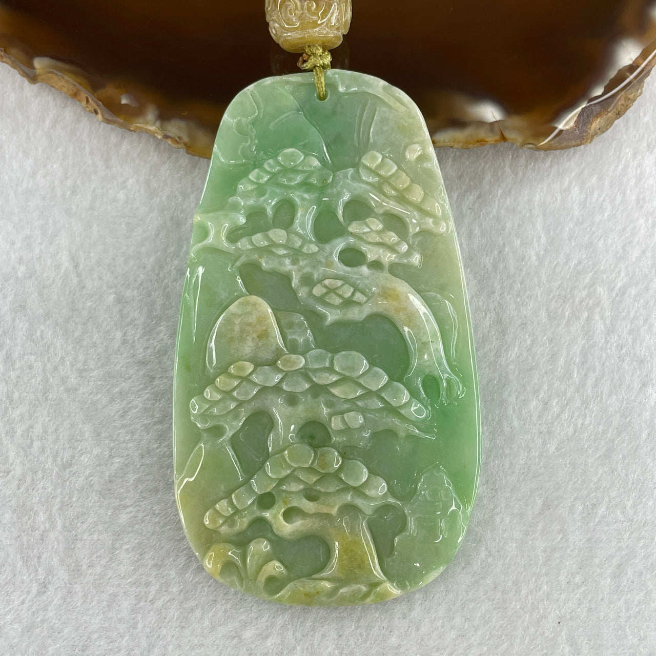 Natural Type A Apple Green with Yellow Patches Jadeite Shan Shui Scenic Pendant 56.98g 81.6 by 46.8 by 5.5mm