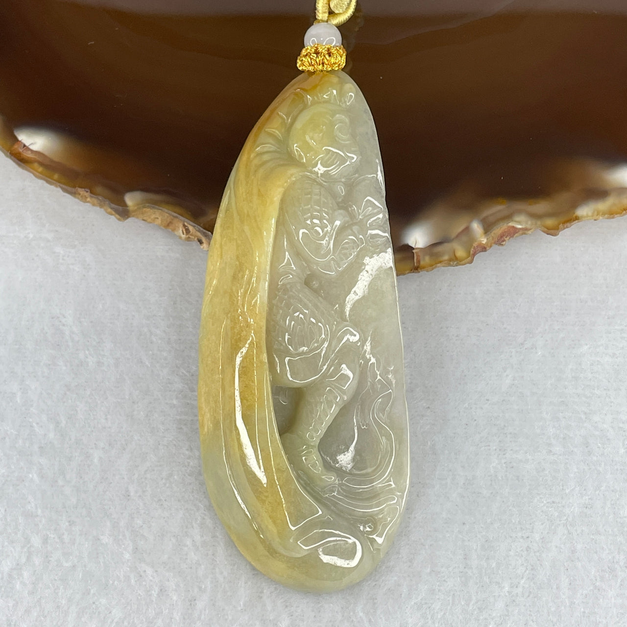 Natural Type A Light Green & Yellowish Jadeite Sun Wu Kong Pendant | 100% Untreated Monkey King Carving | Great Sage Statement Fei Cui Jade Pendant (40.19g | 73.0 × 30.0 × 13.5mm)