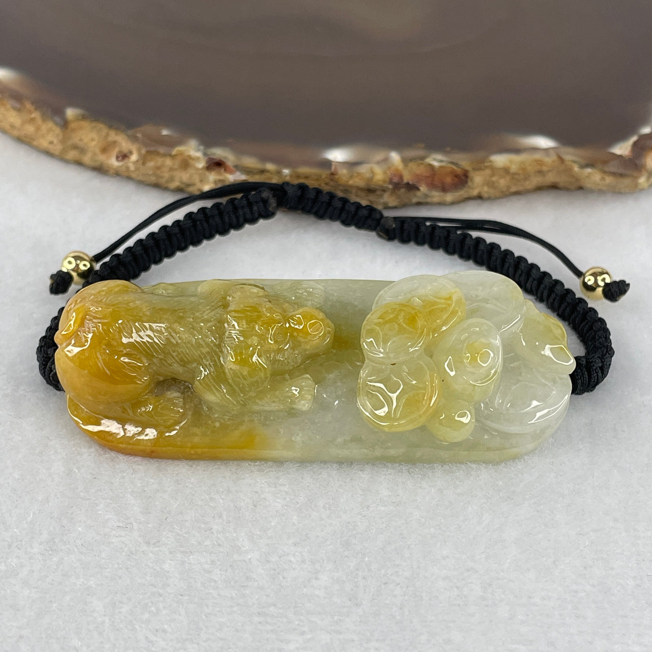 Certified Type A Faint Blueish-Green & Yellow Jadeite Zodiac Dog String Bracelet | Masterpiece Wealth Treasures & Abundance Carving | Heavy Tactical Utility Cord Strand (44.77g | 64.7mm | 15-20cm 64.7x26.1x14.5mm)
