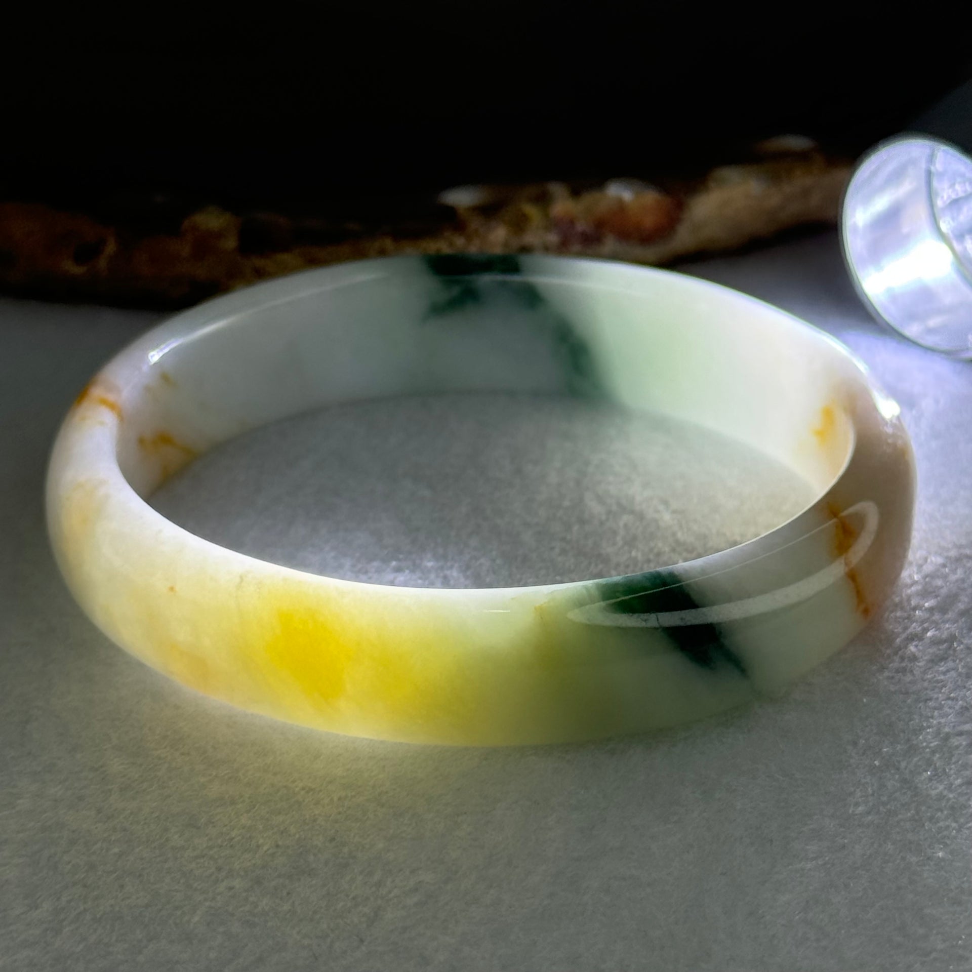 Type A Light Green with Blueish Green and Yellow Jadeite Oval Bangle Internal Diameter 55.8mm 36.00g 12.4 by 5.7mm (Slight Difference External Line) - Huangs Jadeite and Jewelry Pte Ltd