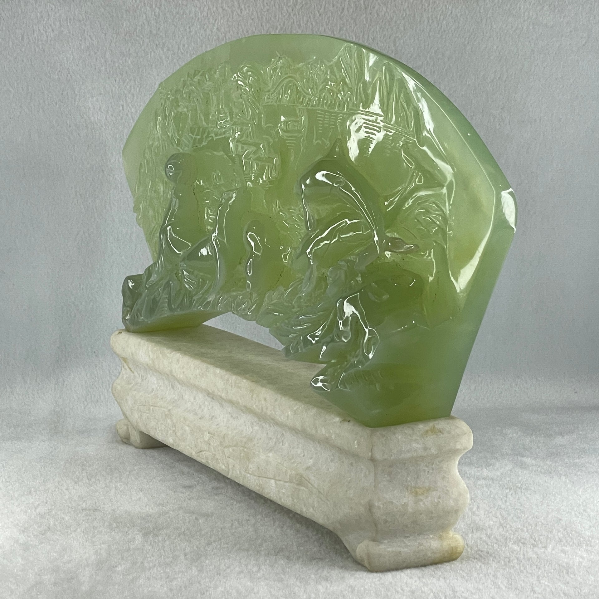 Natural Semi Icy Green Serpentine 3 Seals with Double Whales on Shan Shui with Stone Stand Display  3,486.0g 326.0 by 50.0 by 210.0mm - Huangs Jadeite and Jewelry Pte Ltd
