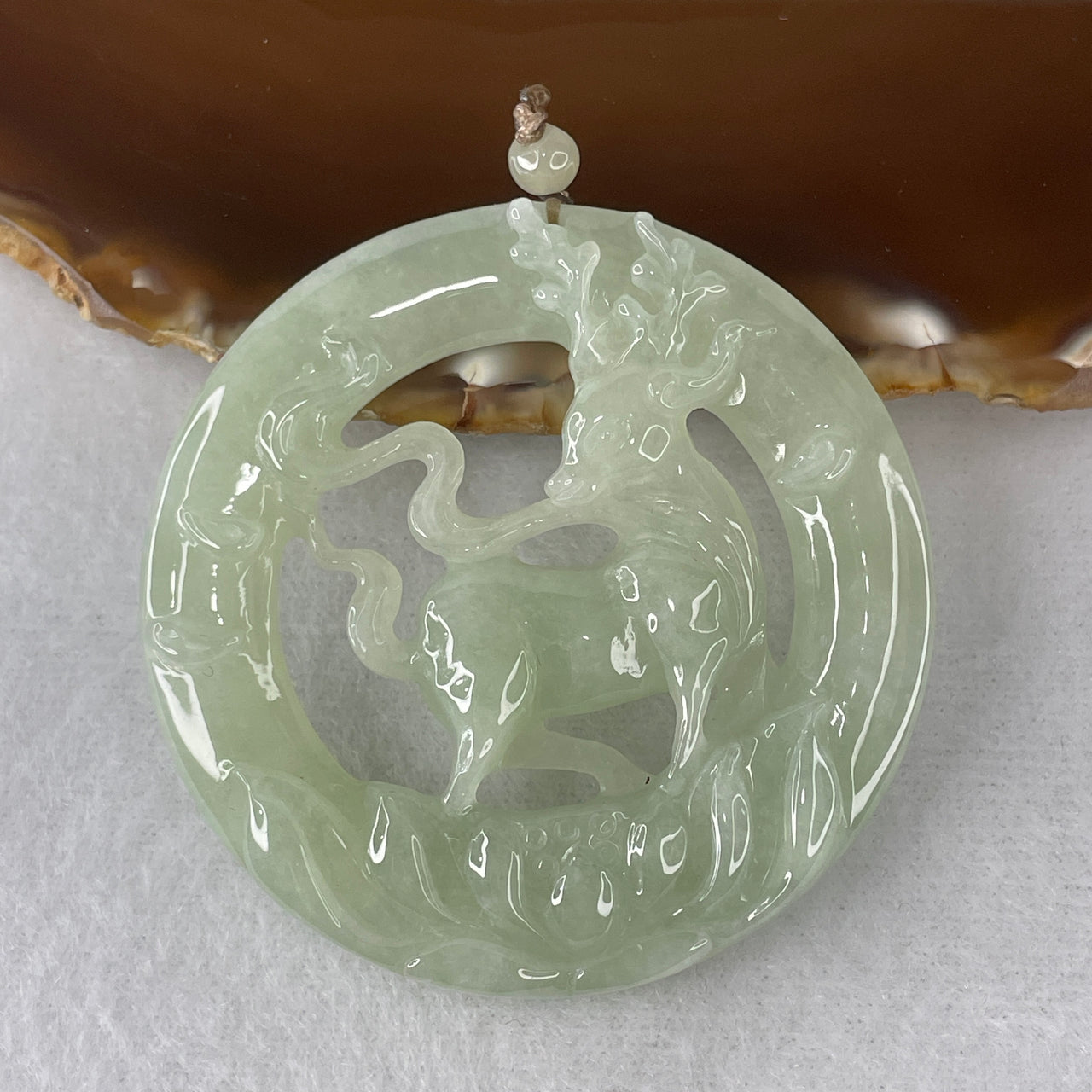 Certified Natural Type A Light Green Jadeite Deer with Lotus Flower Pendant | Masterpiece Deep Three-Dimensional Hand-Carving | Massive Myanmar Feicui Lifelong Longevity, Purity & High Status Amulet (41.63g | 57.0x9.0mm)