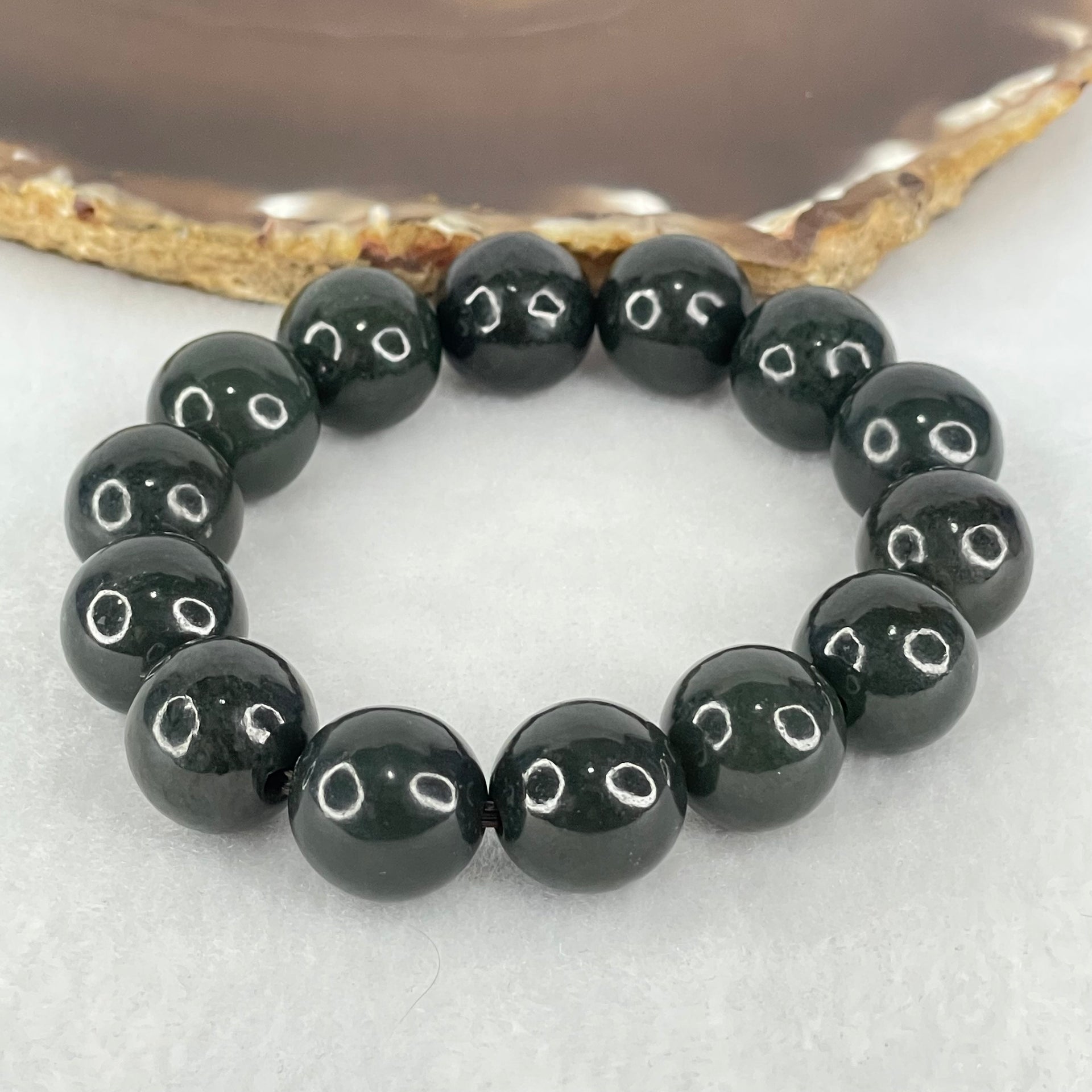 Natural Dark Green Nephrite Beads Bracelet 72.84g 17cm 14mm - Huangs Jadeite and Jewelry Pte Ltd